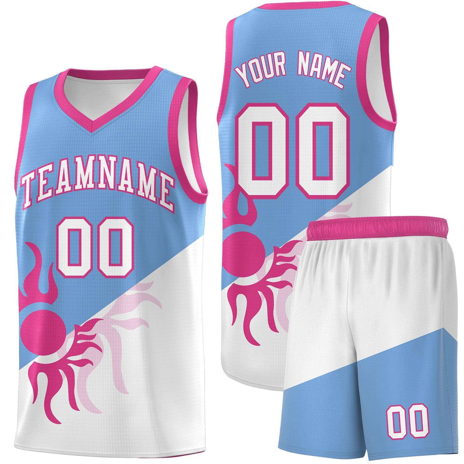 Custom Youth Basketball Jerseys - Powder Blue White Sunburst Design Two Tone Uniforms
