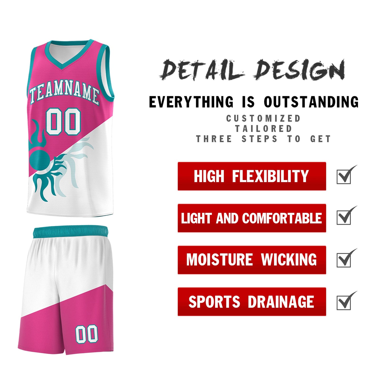 Custom Youth Basketball Jerseys - Rose Red White Radiant Sun Design Two Tone Uniforms