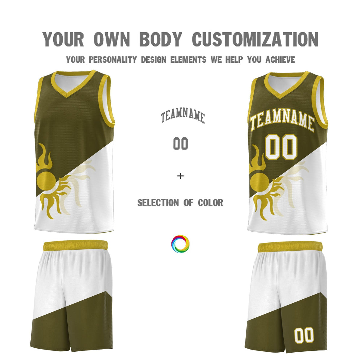 Custom Youth Basketball Jerseys - Olive White Sunburst Design Two Tone Uniforms