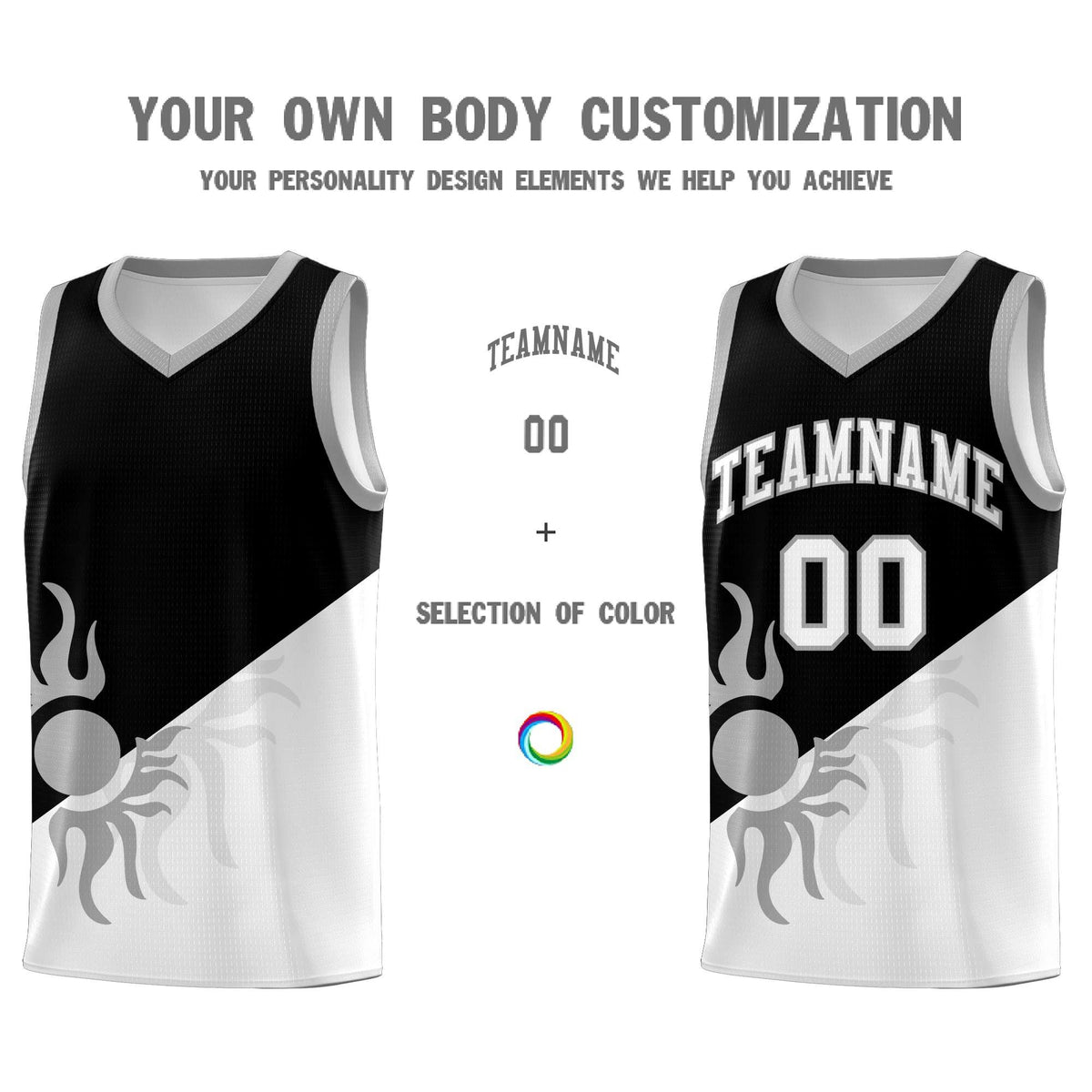 Custom Youth Basketball Jerseys - Black White Radiant Sun Design Two Tone Uniforms