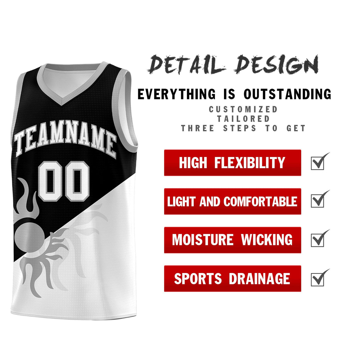 Custom Youth Basketball Jerseys - Black White Radiant Sun Design Two Tone Uniforms