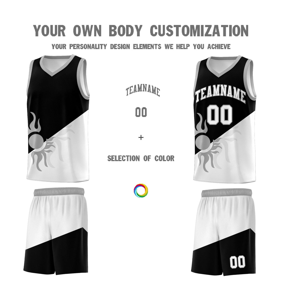 Custom Youth Basketball Jerseys - Black White Radiant Sun Design Two Tone Uniforms