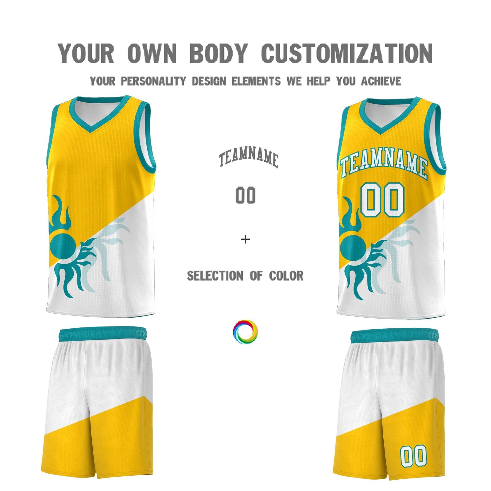 Custom Youth Basketball Jerseys - Yellow White Sunburst Design Two Tone Uniforms