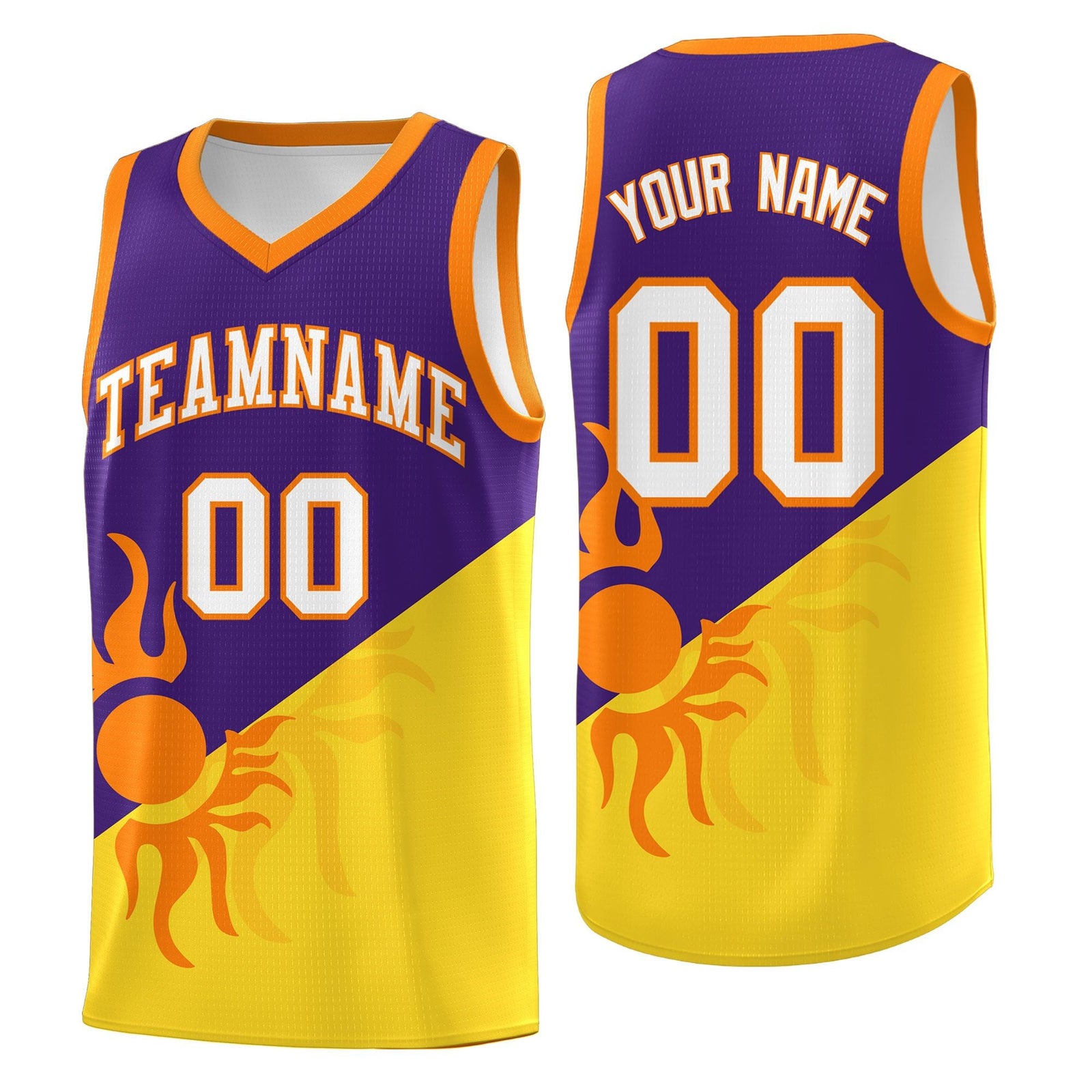 Custom Youth Basketball Jerseys - Purple Gold Radiant Sun Design Two Tone Uniforms
