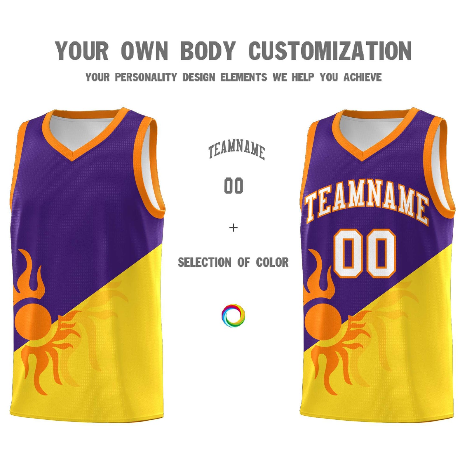 Custom Youth Basketball Jerseys - Purple Gold Radiant Sun Design Two Tone Uniforms