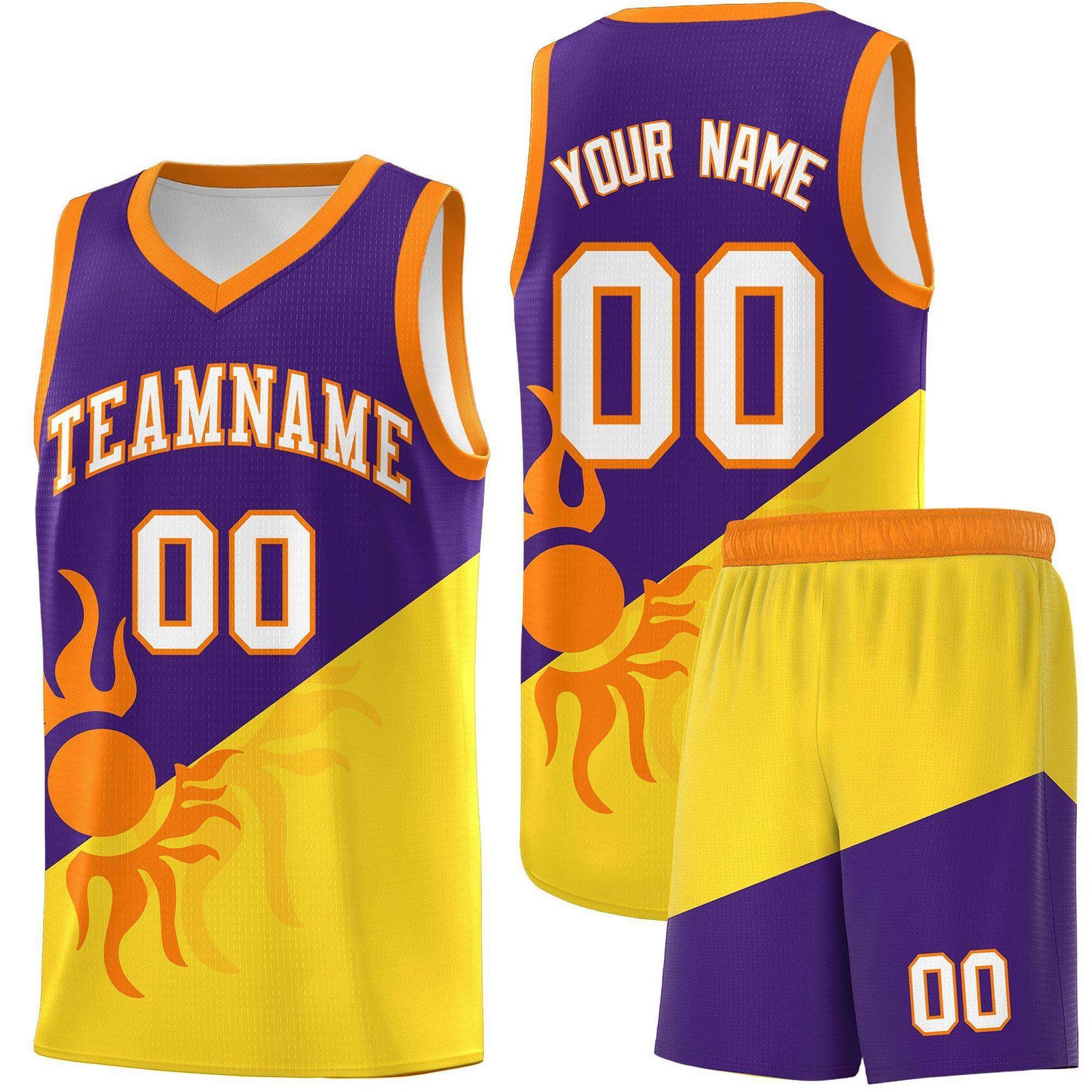 Custom Youth Basketball Jerseys - Purple Gold Radiant Sun Design Two Tone Uniforms