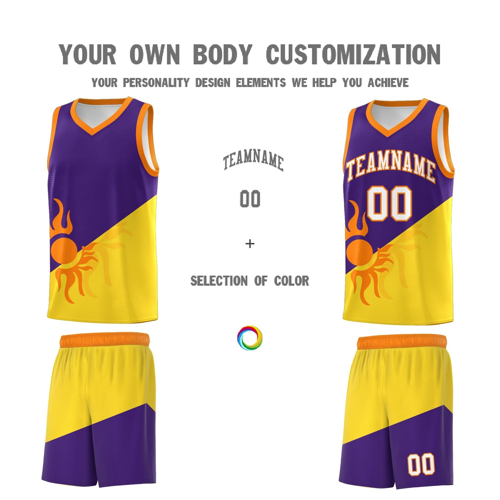 Custom Youth Basketball Jerseys - Purple Gold Radiant Sun Design Two Tone Uniforms