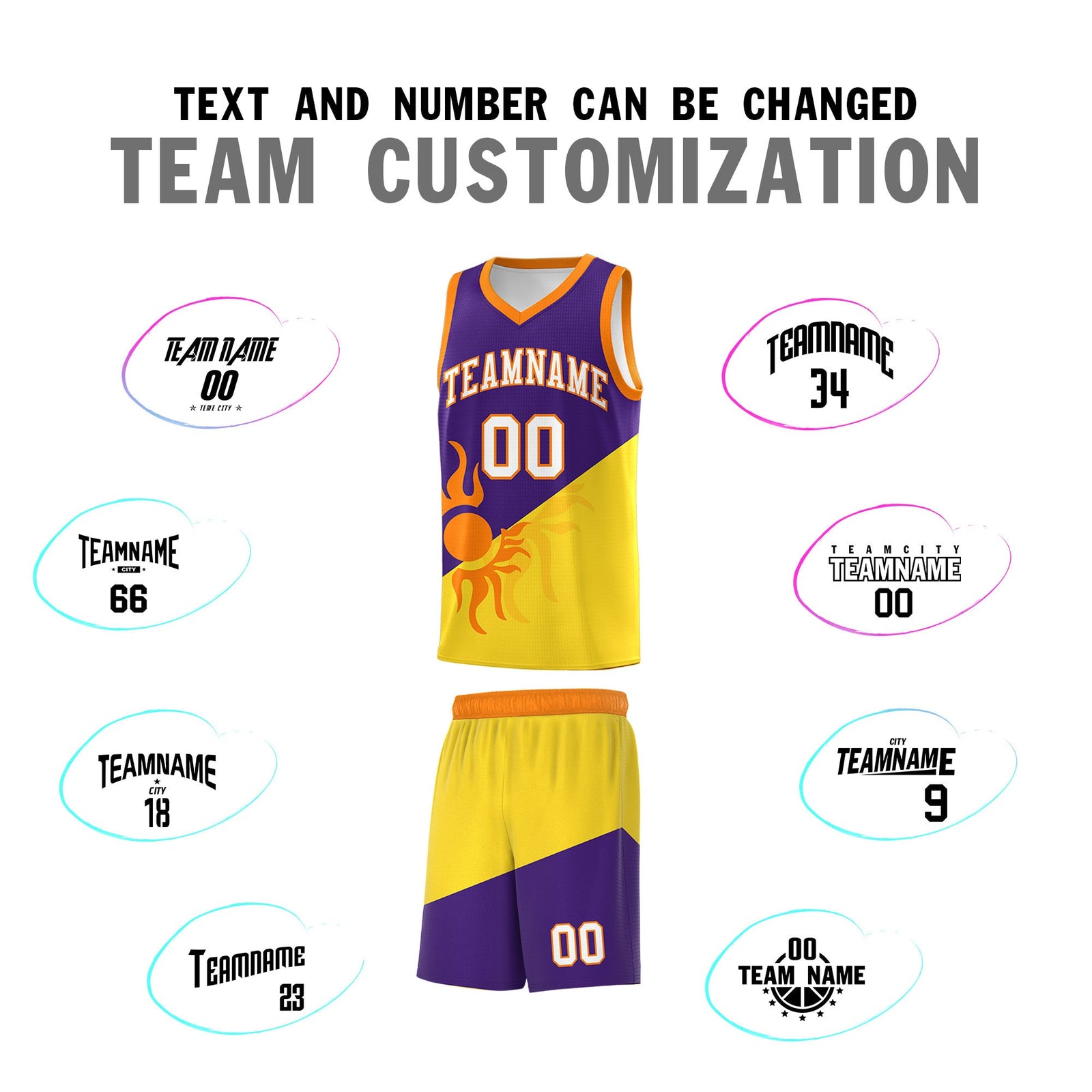 Custom Youth Basketball Jerseys - Purple Gold Radiant Sun Design Two Tone Uniforms