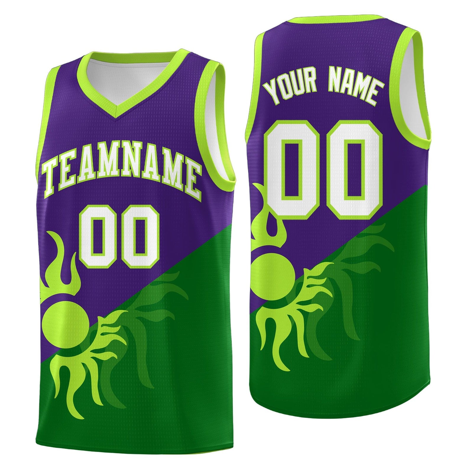 Custom Youth Basketball Jerseys - Purple Kelly Green Sunburst Design Two Tone Uniforms