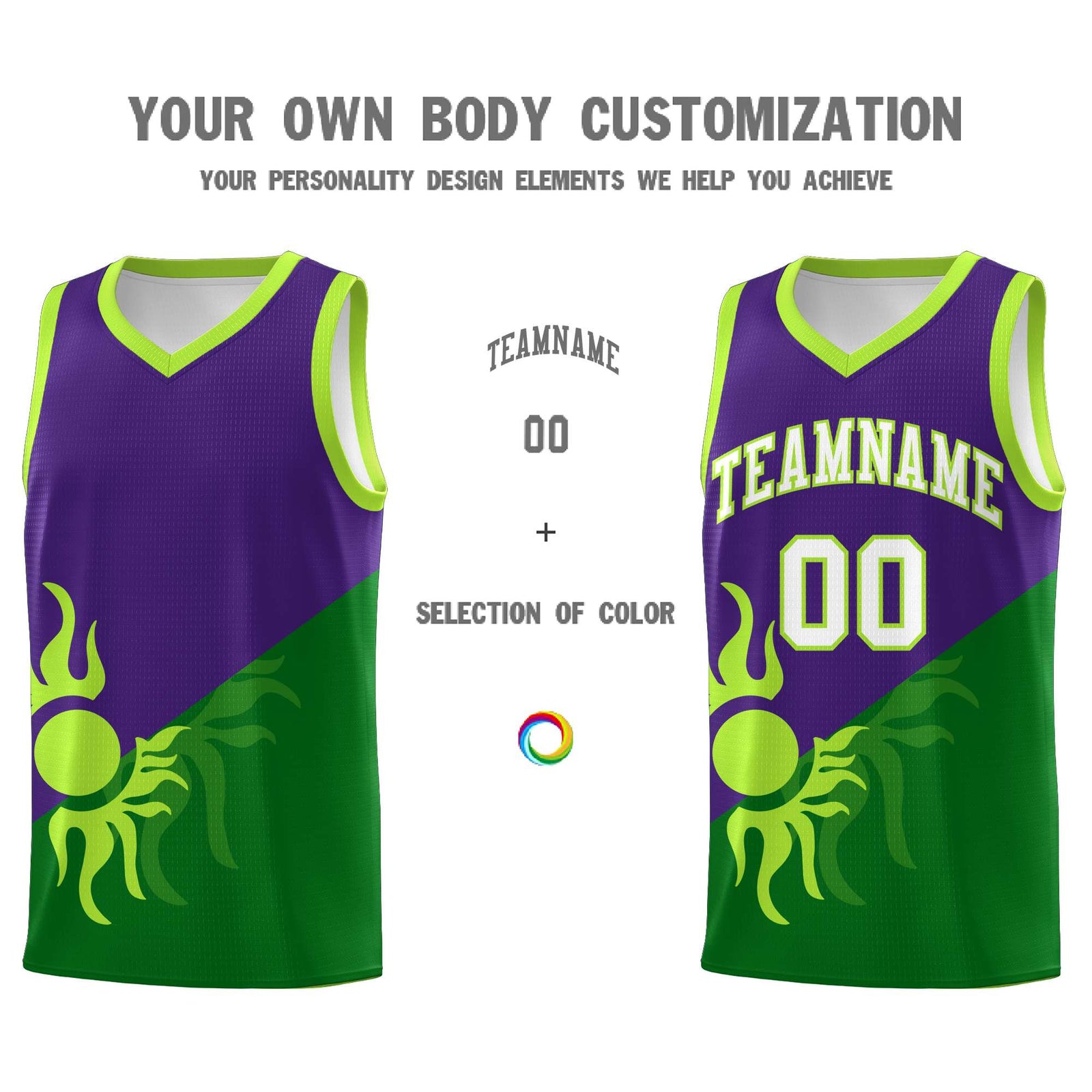 Custom Youth Basketball Jerseys - Purple Kelly Green Sunburst Design Two Tone Uniforms