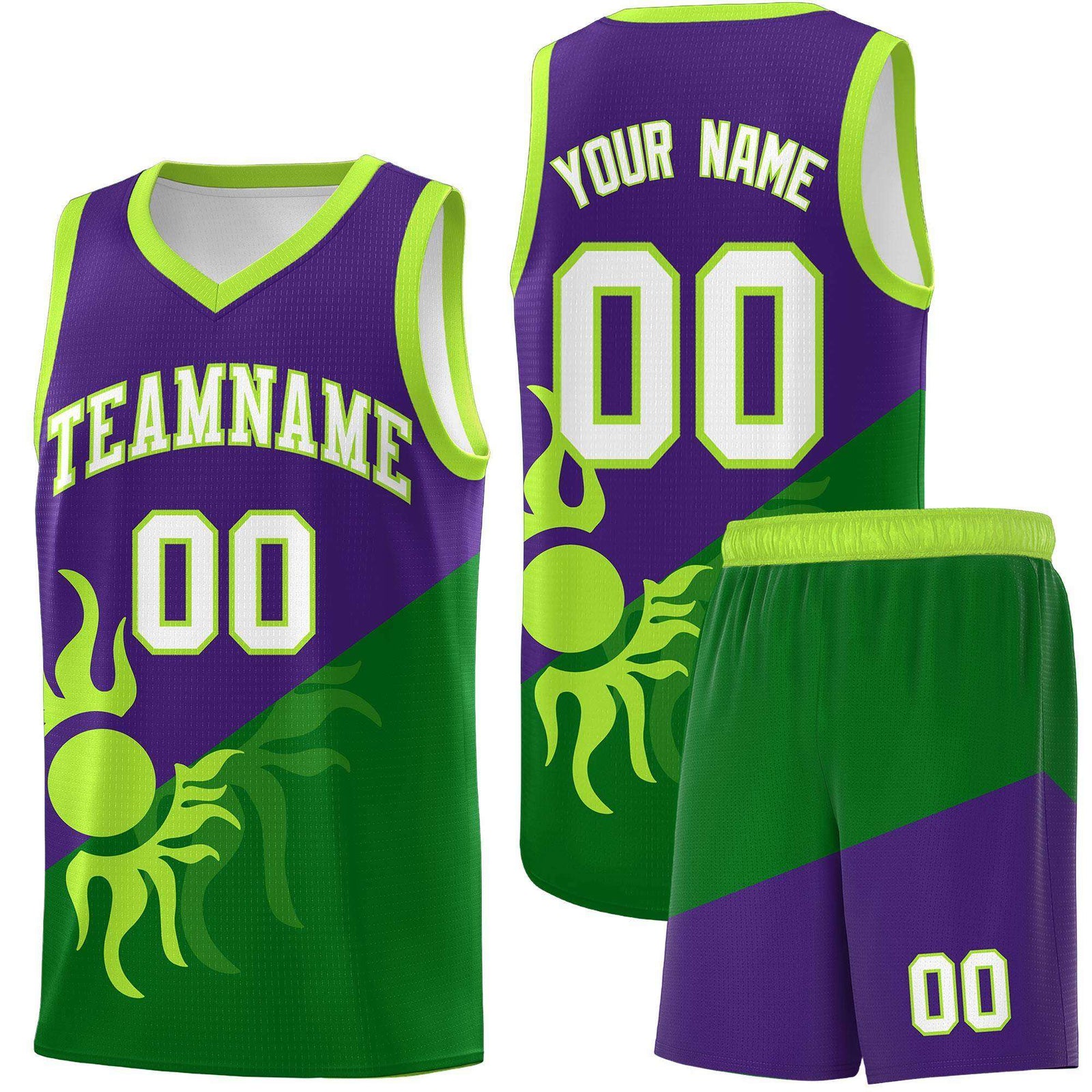 Custom Youth Basketball Jerseys - Purple Kelly Green Sunburst Design Two Tone Uniforms