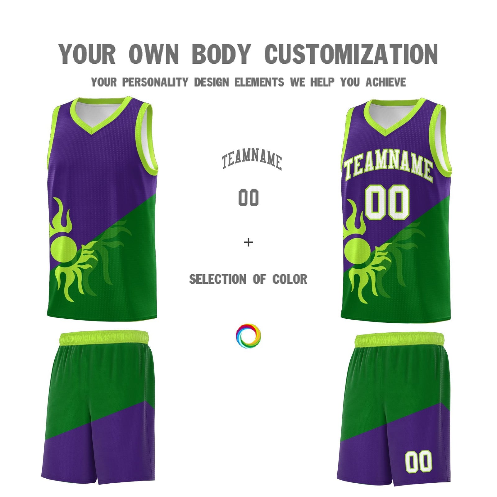 Custom Youth Basketball Jerseys - Purple Kelly Green Sunburst Design Two Tone Uniforms