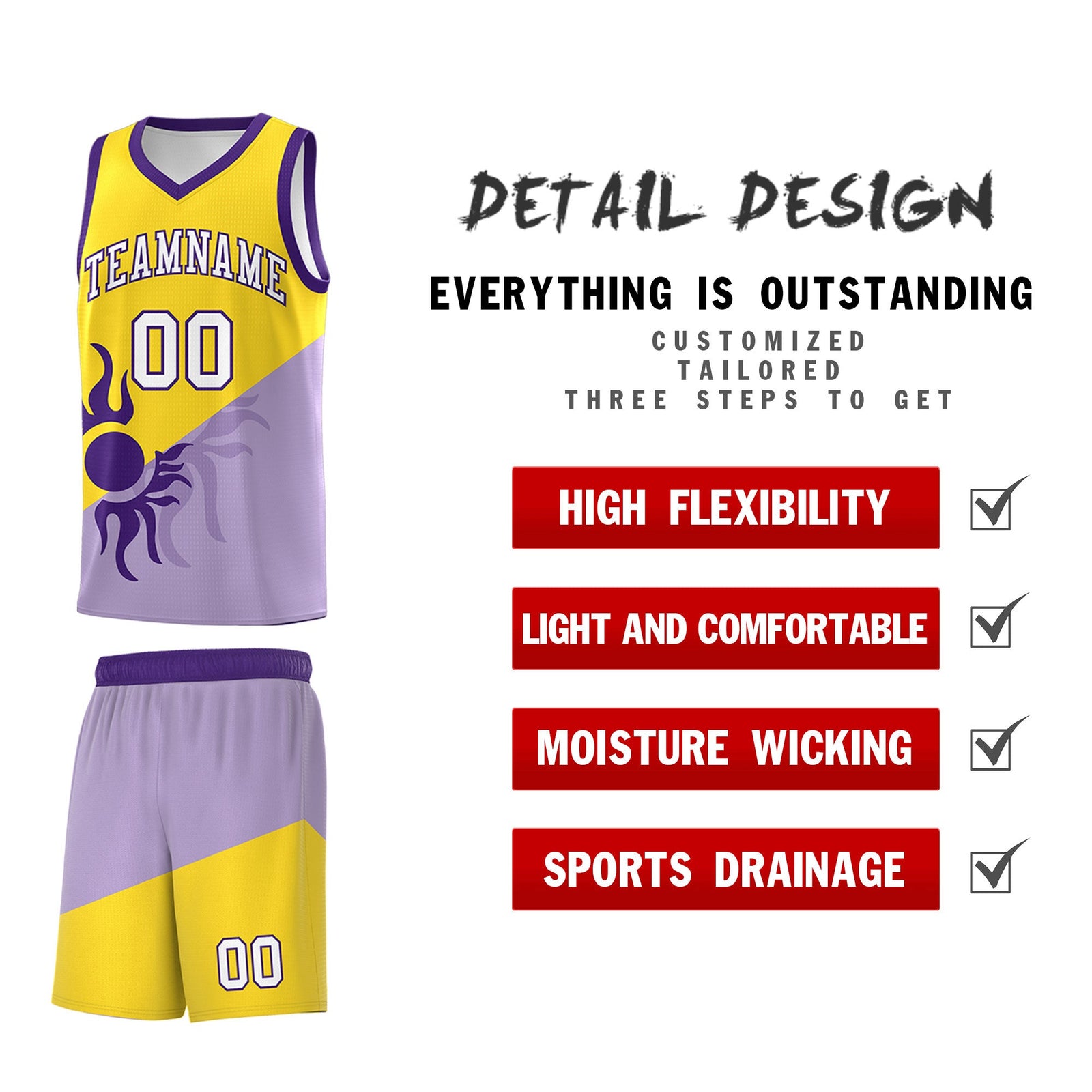 Custom Youth Basketball Jerseys - Light Purple Gold Sunburst Design Two Tone Uniforms