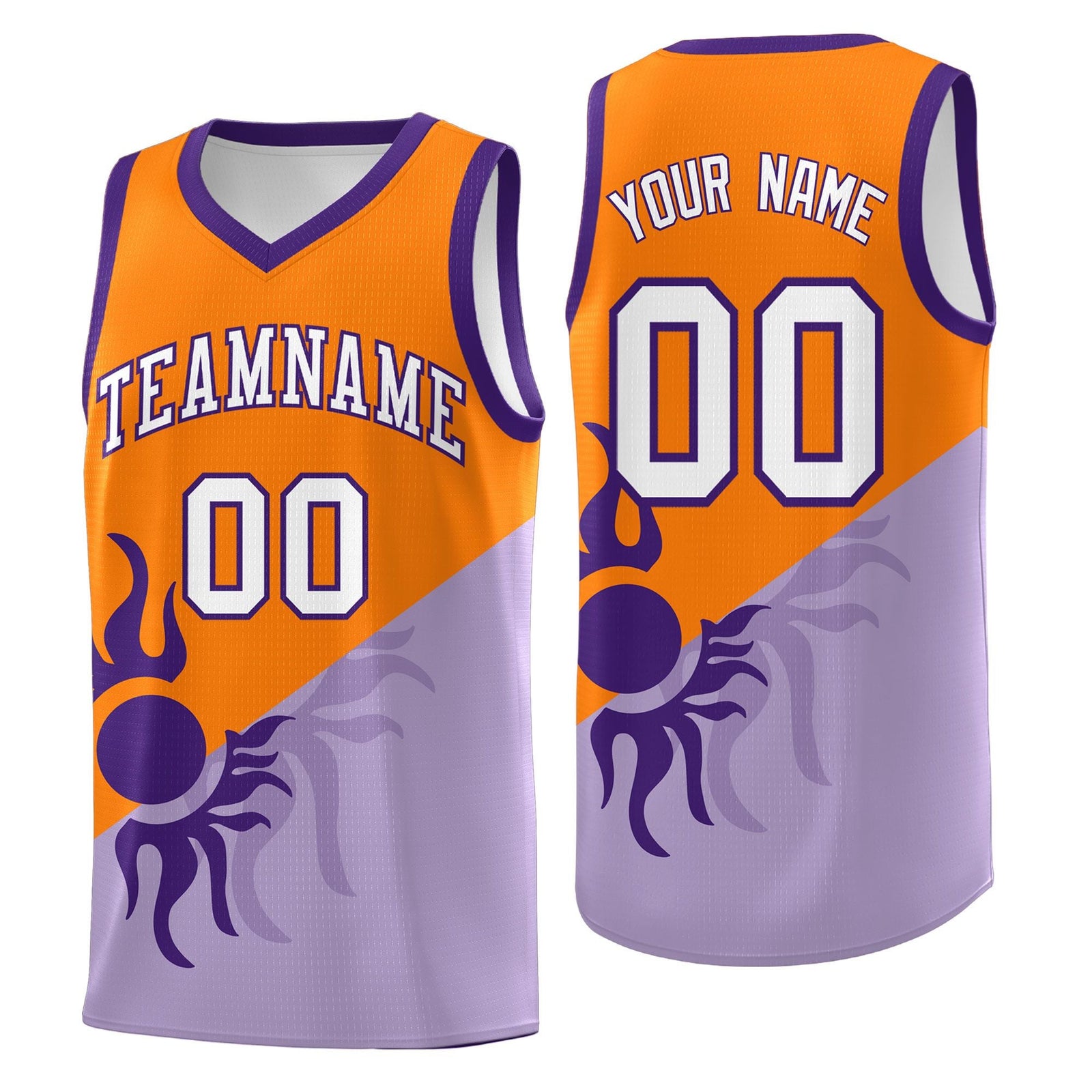 Custom Youth Basketball Jerseys - Light Purple Orange Radiant Sun Design Two Tone Uniforms