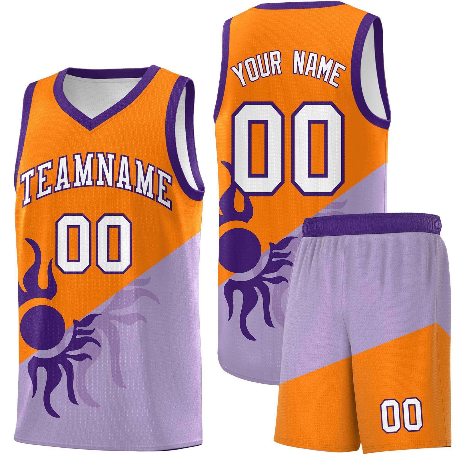 Custom Youth Basketball Jerseys - Light Purple Orange Radiant Sun Design Two Tone Uniforms