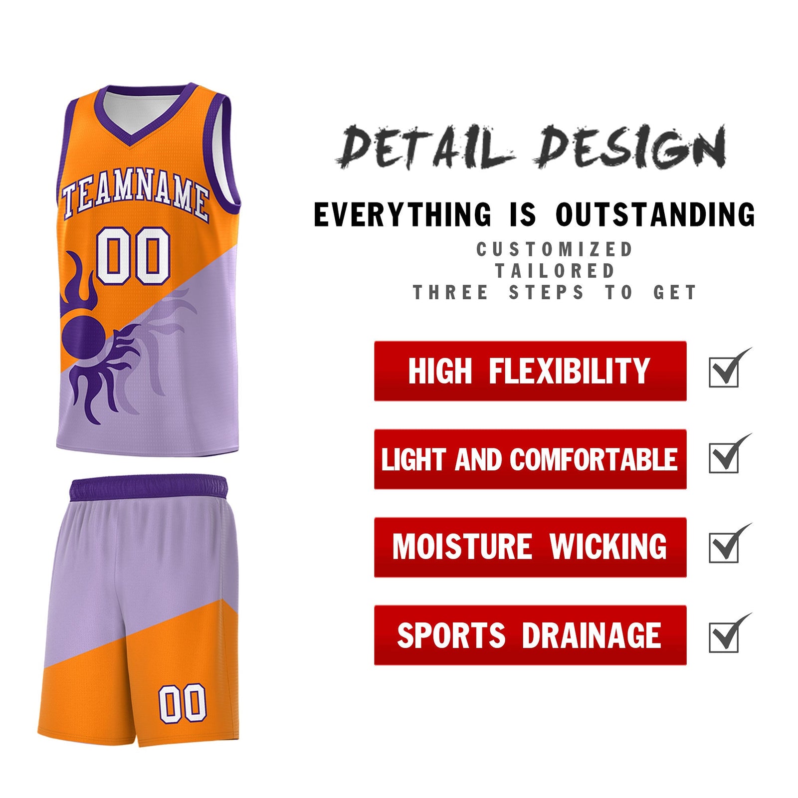 Custom Youth Basketball Jerseys - Light Purple Orange Radiant Sun Design Two Tone Uniforms