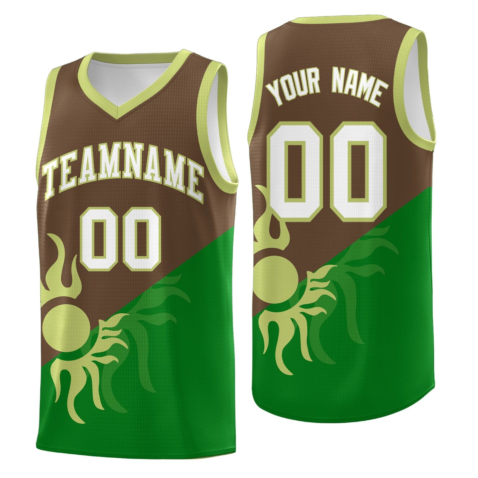 Custom Youth Basketball Jerseys - Kelly Green Light Brown Sunburst Design Two Tone Uniforms