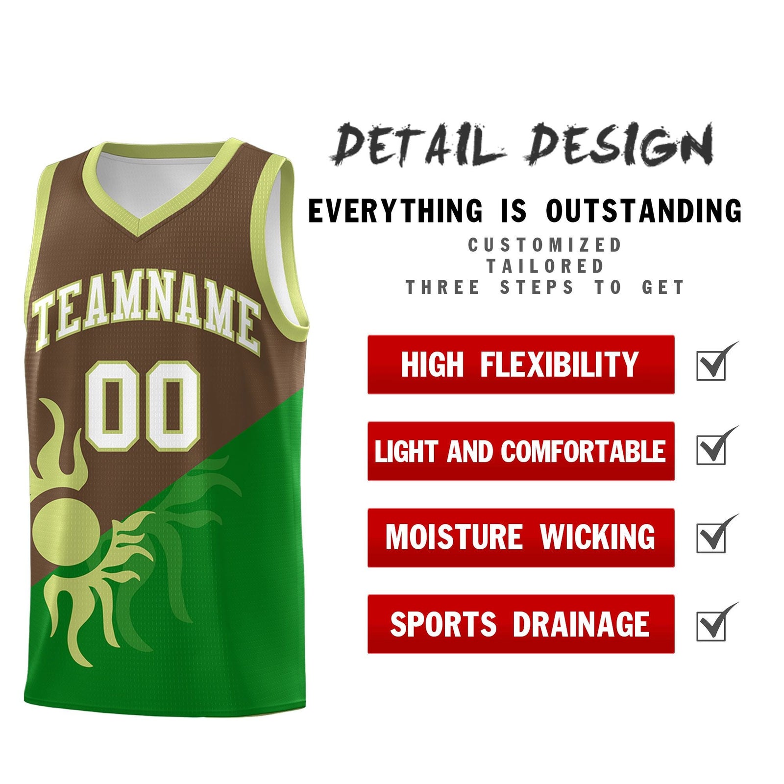Custom Youth Basketball Jerseys - Kelly Green Light Brown Sunburst Design Two Tone Uniforms