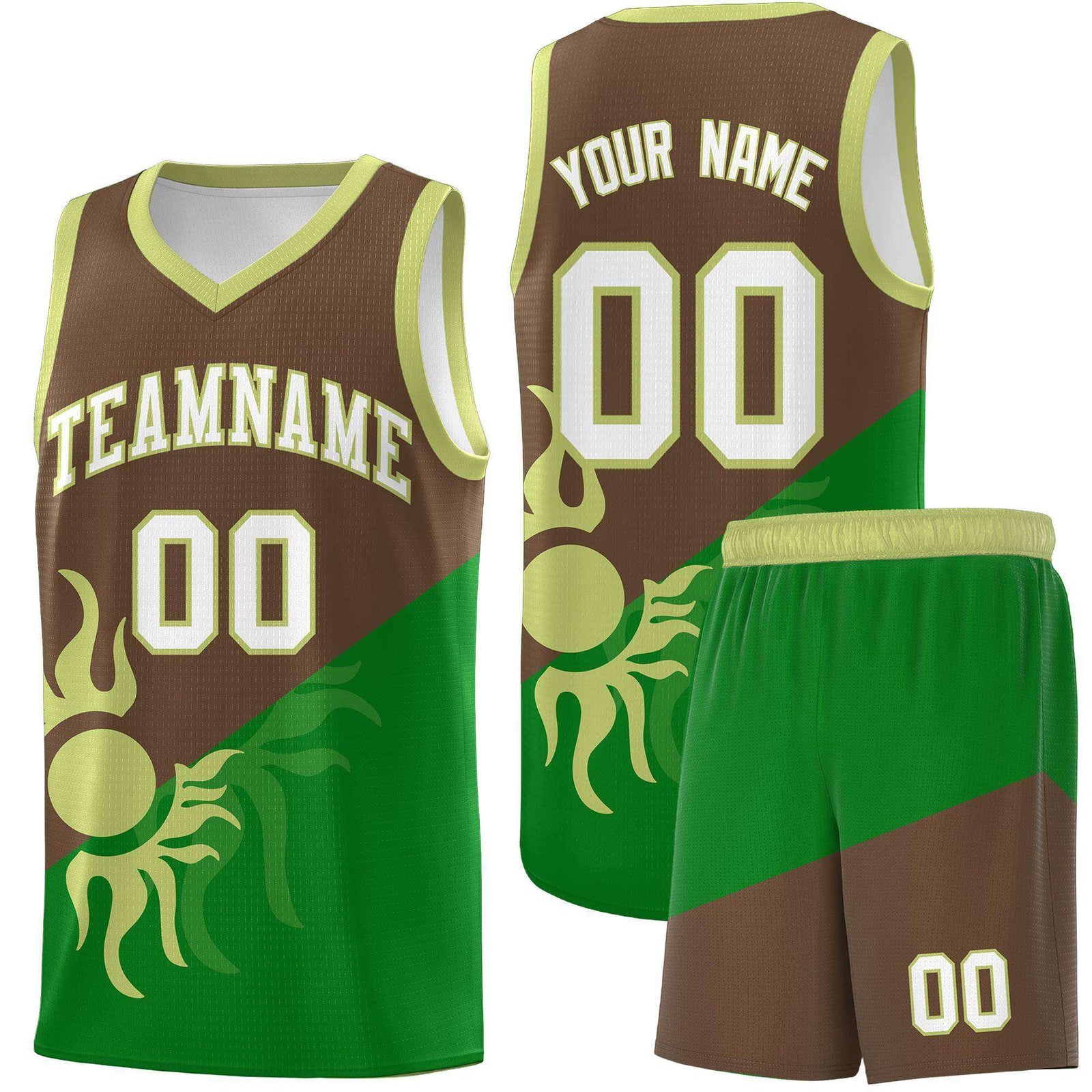 Custom Youth Basketball Jerseys - Kelly Green Light Brown Sunburst Design Two Tone Uniforms