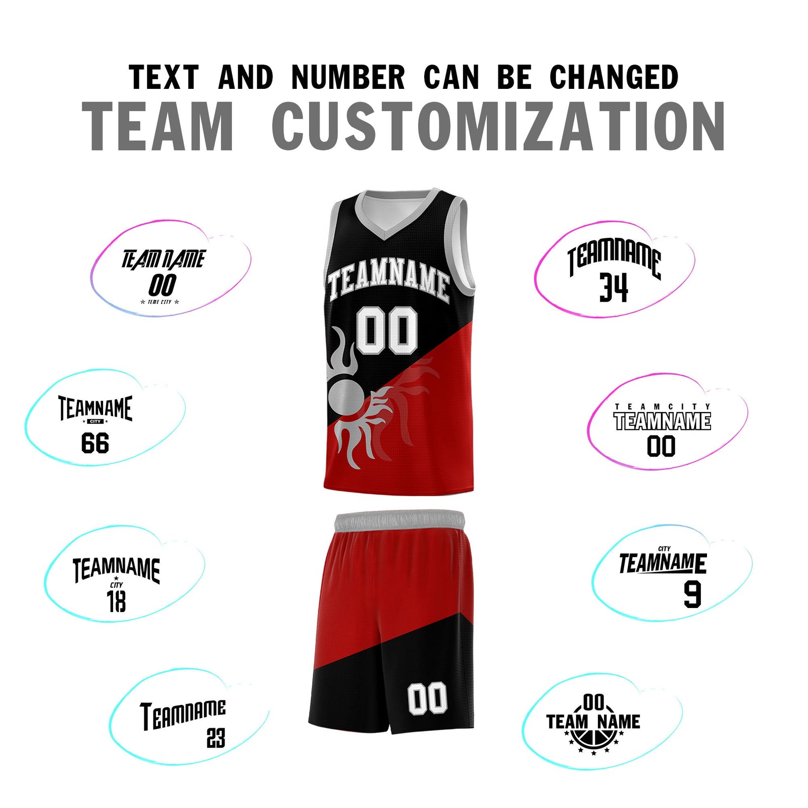 Custom Youth Basketball Jerseys - Black Red Sunburst Design Two Tone Uniforms