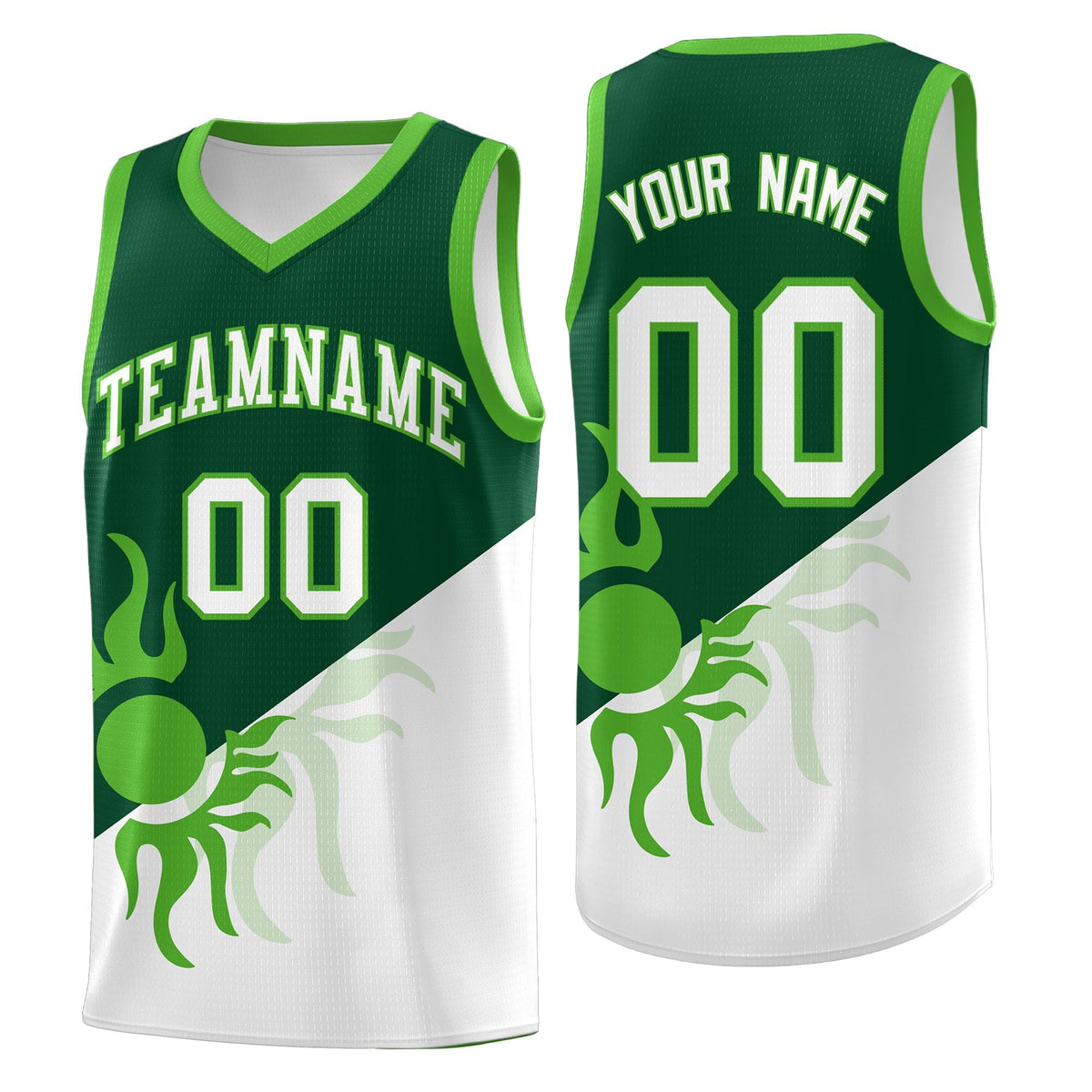 Custom Youth Basketball Jerseys - Kelly Green White Radiant Sun Design Two Tone Uniforms