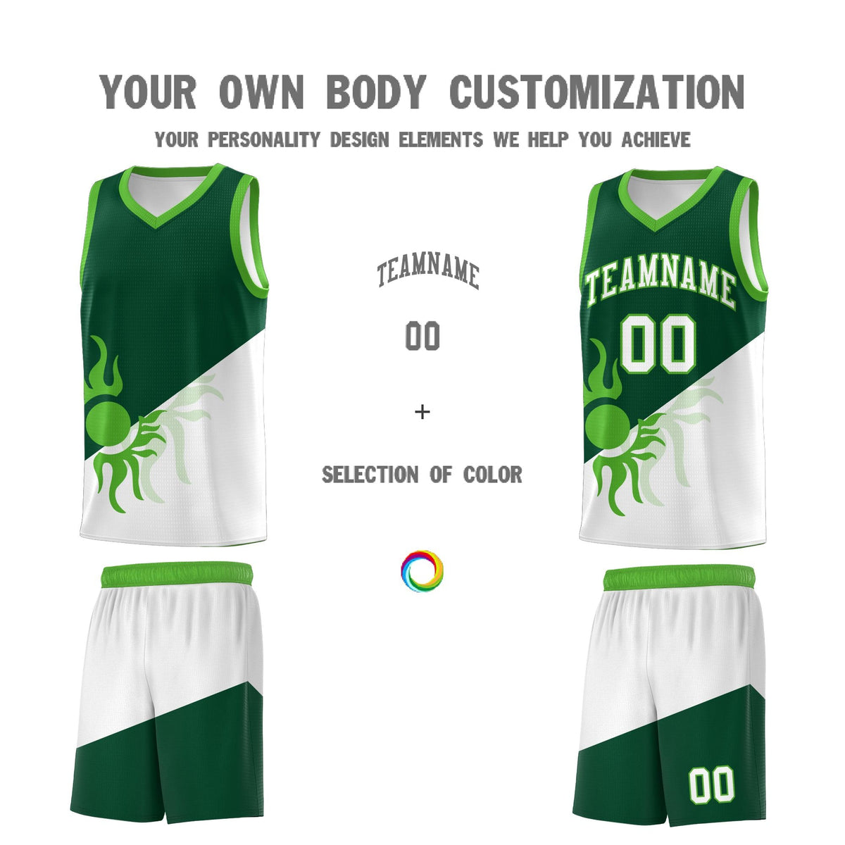 Custom Youth Basketball Jerseys - Kelly Green White Radiant Sun Design Two Tone Uniforms