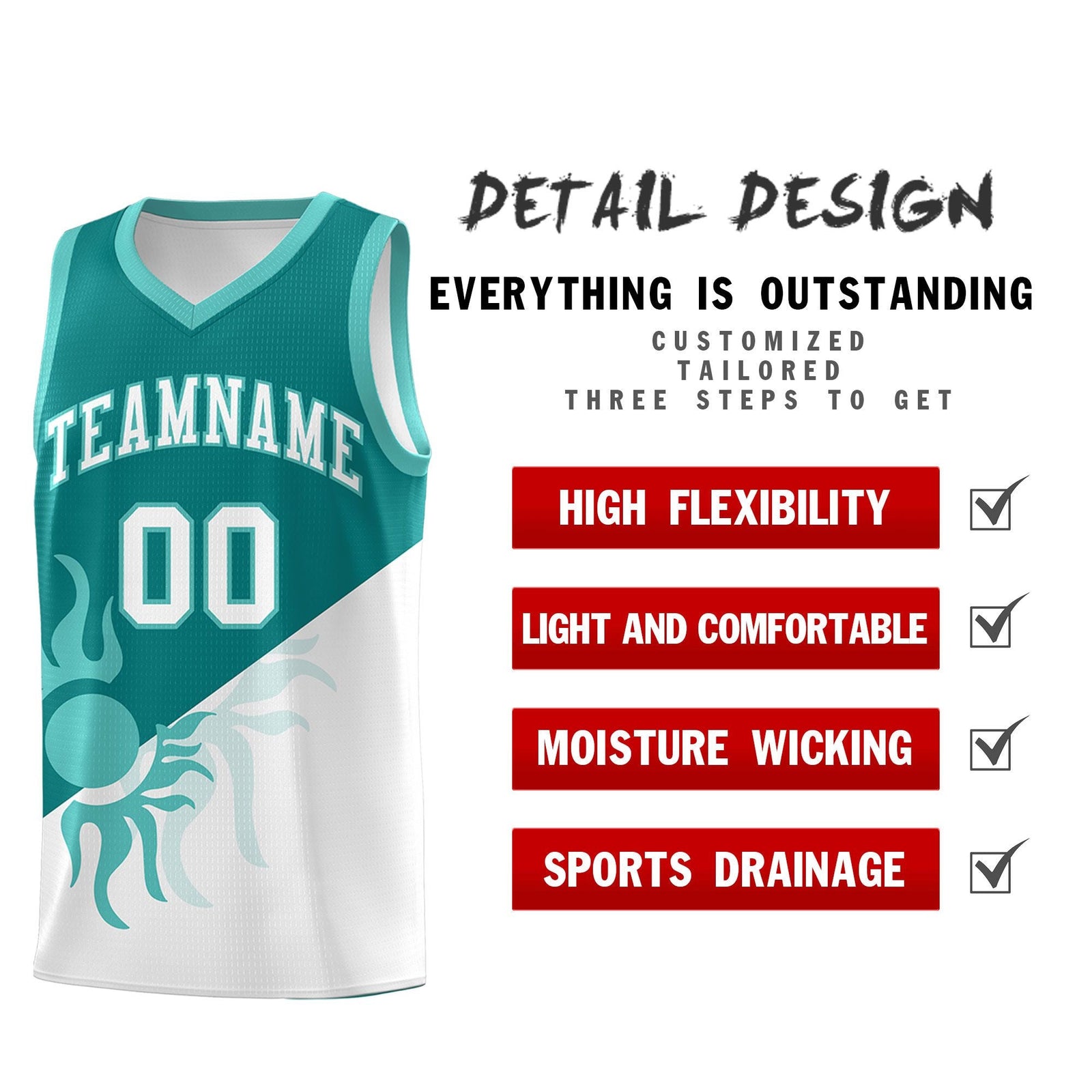 Custom Youth Basketball Jerseys - Teal White Sunburst Design Two Tone Uniforms