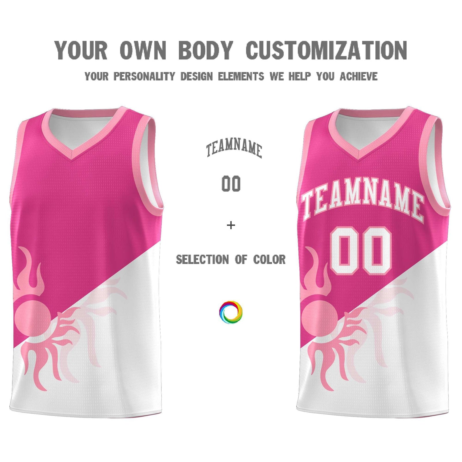 Custom Youth Basketball Jerseys - Rose Red White Radiant Sun Design Two Tone Uniforms