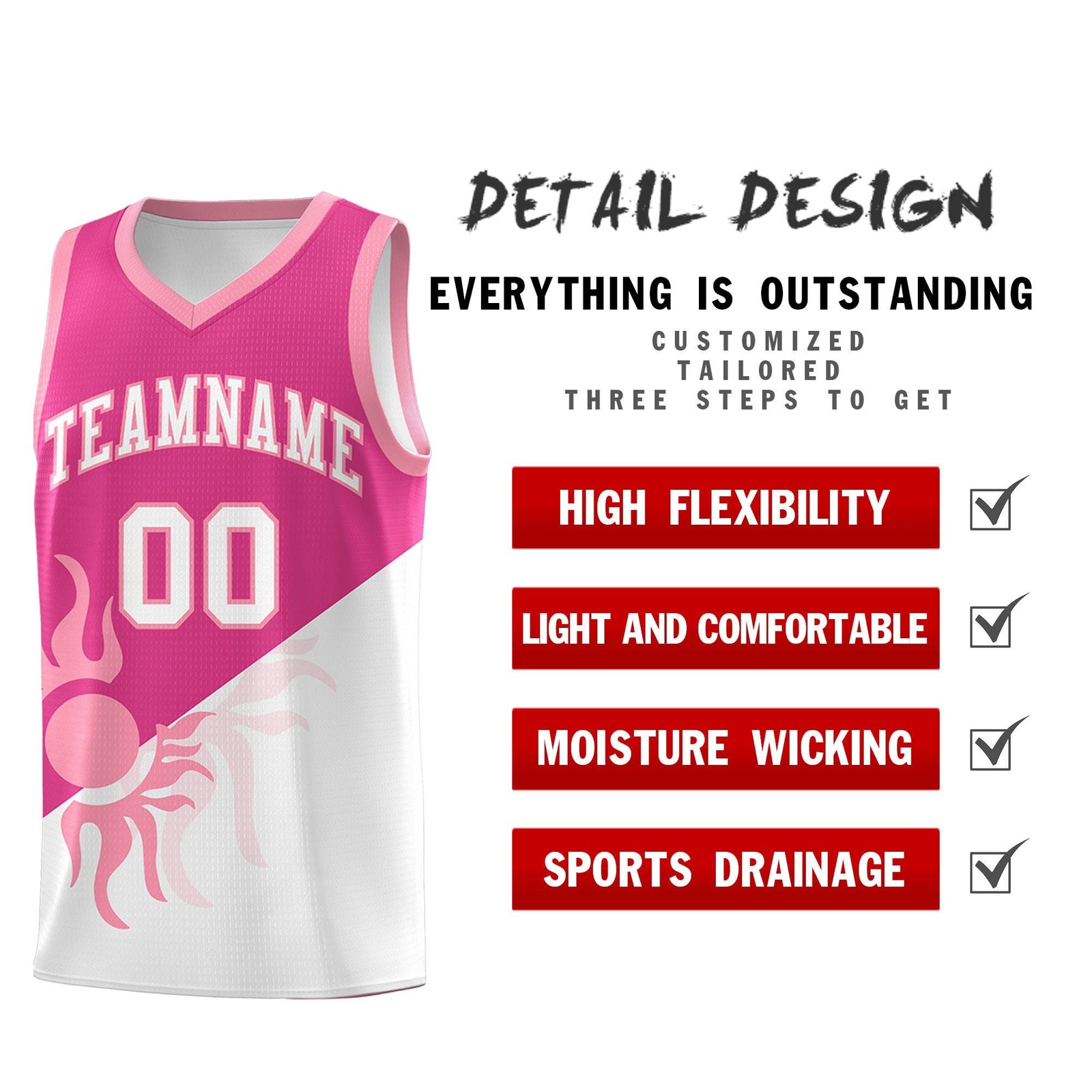 Custom Youth Basketball Jerseys - Rose Red White Radiant Sun Design Two Tone Uniforms