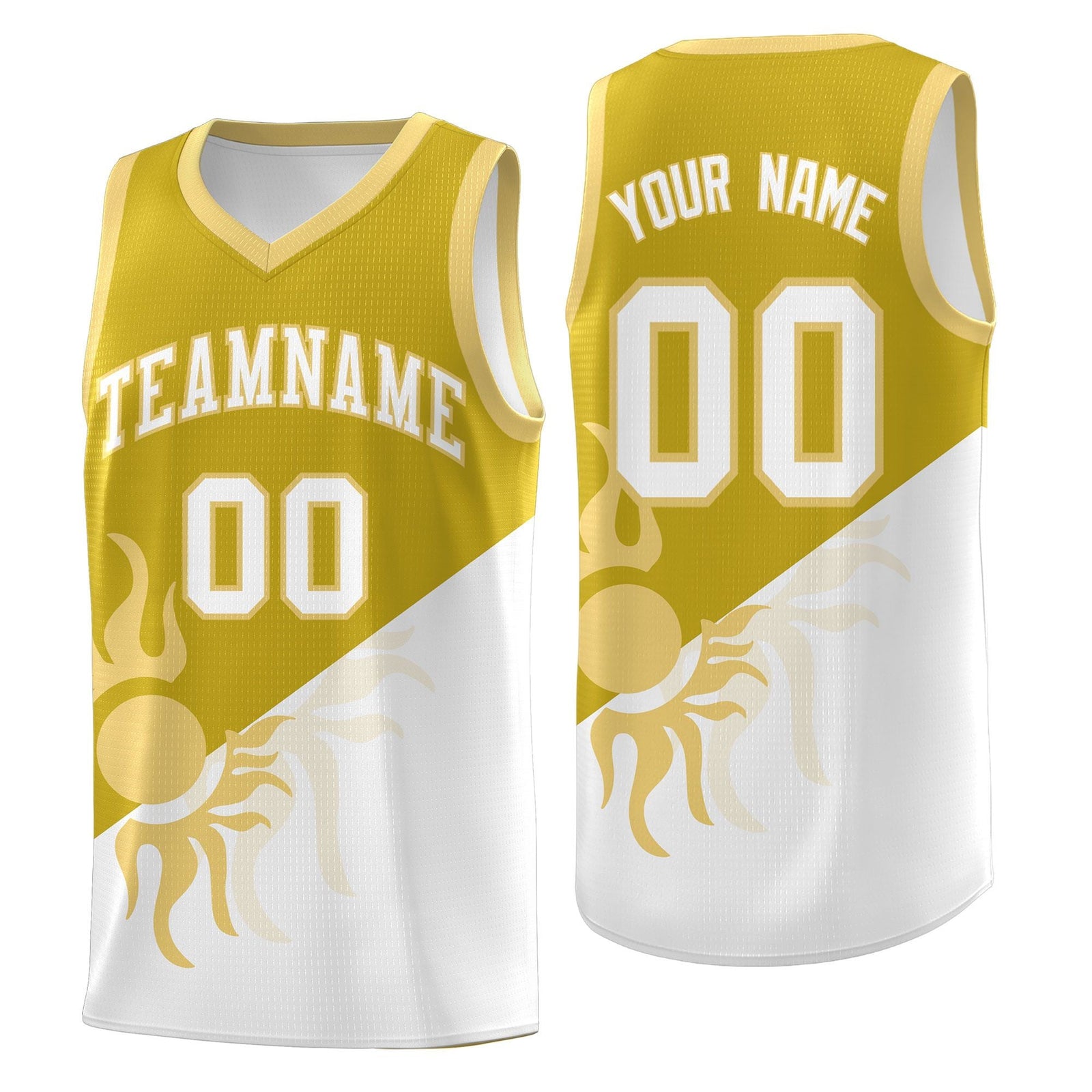 Custom Youth Basketball Jerseys - Old Gold White Radiant Sun Design Two Tone Uniforms