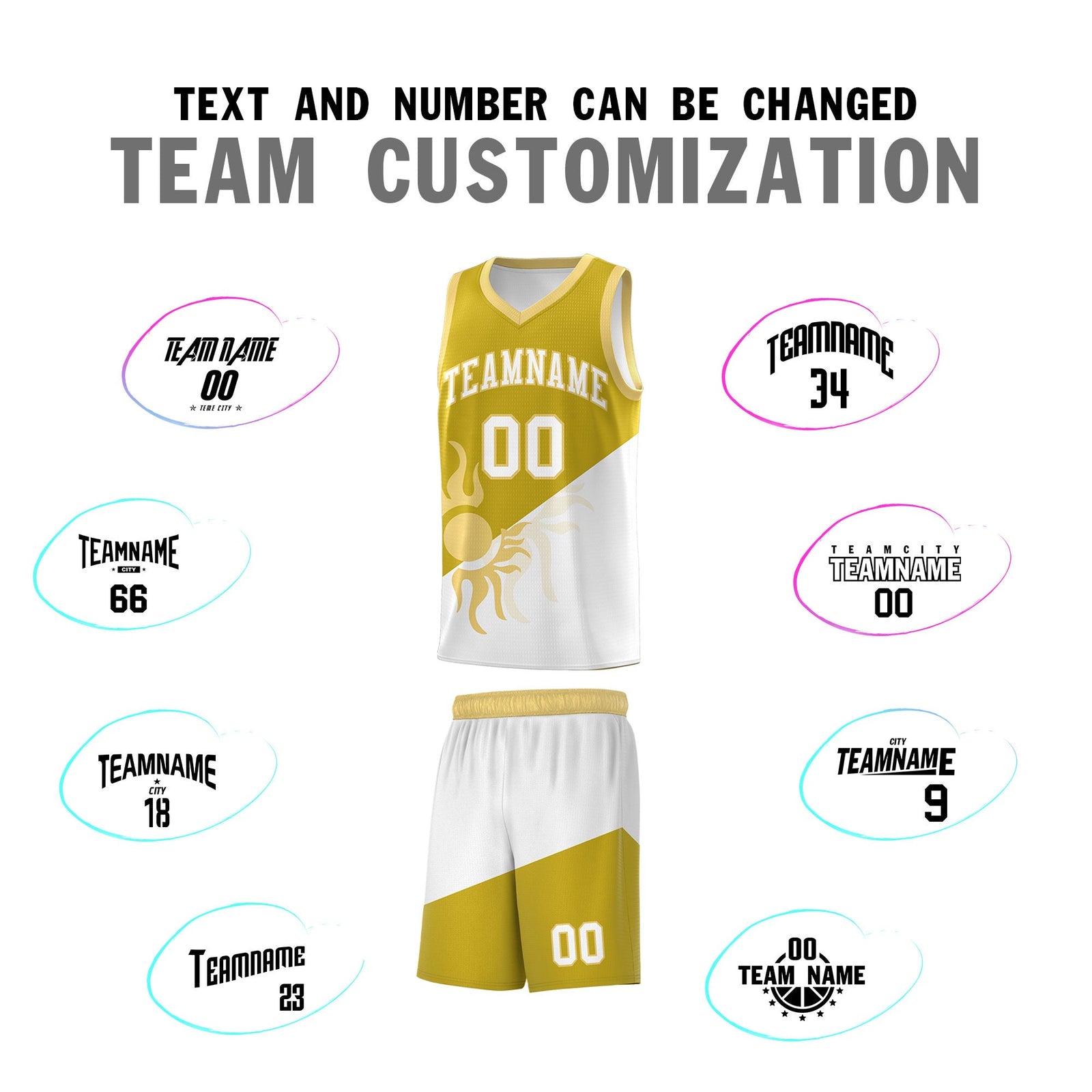 Custom Youth Basketball Jerseys - Old Gold White Radiant Sun Design Two Tone Uniforms