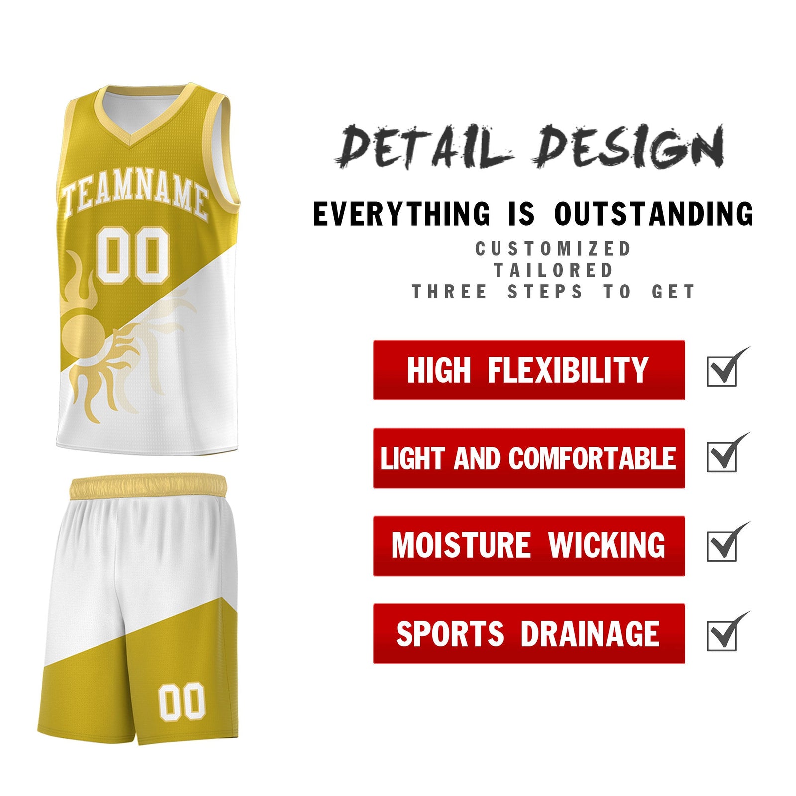 Custom Youth Basketball Jerseys - Old Gold White Radiant Sun Design Two Tone Uniforms