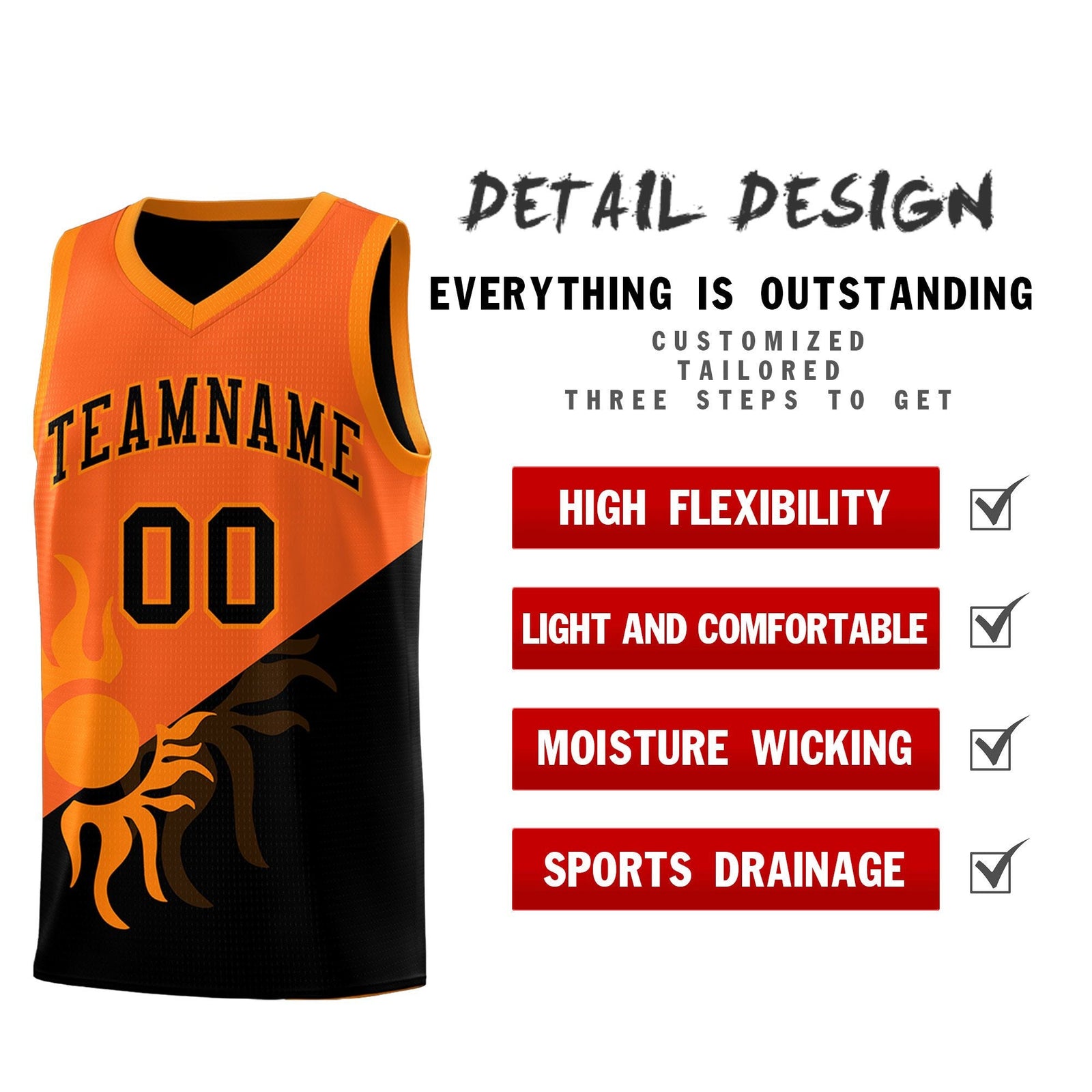 Custom Youth Basketball Jerseys - Orange Black Radiant Sun Design Two Tone Uniforms