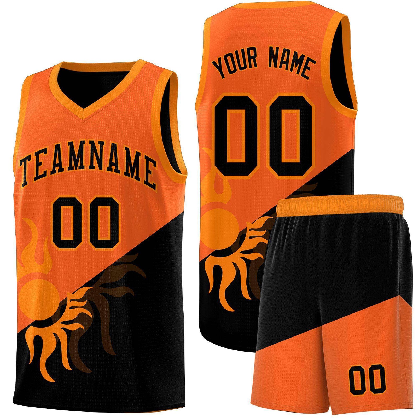 Custom Youth Basketball Jerseys - Orange Black Radiant Sun Design Two Tone Uniforms