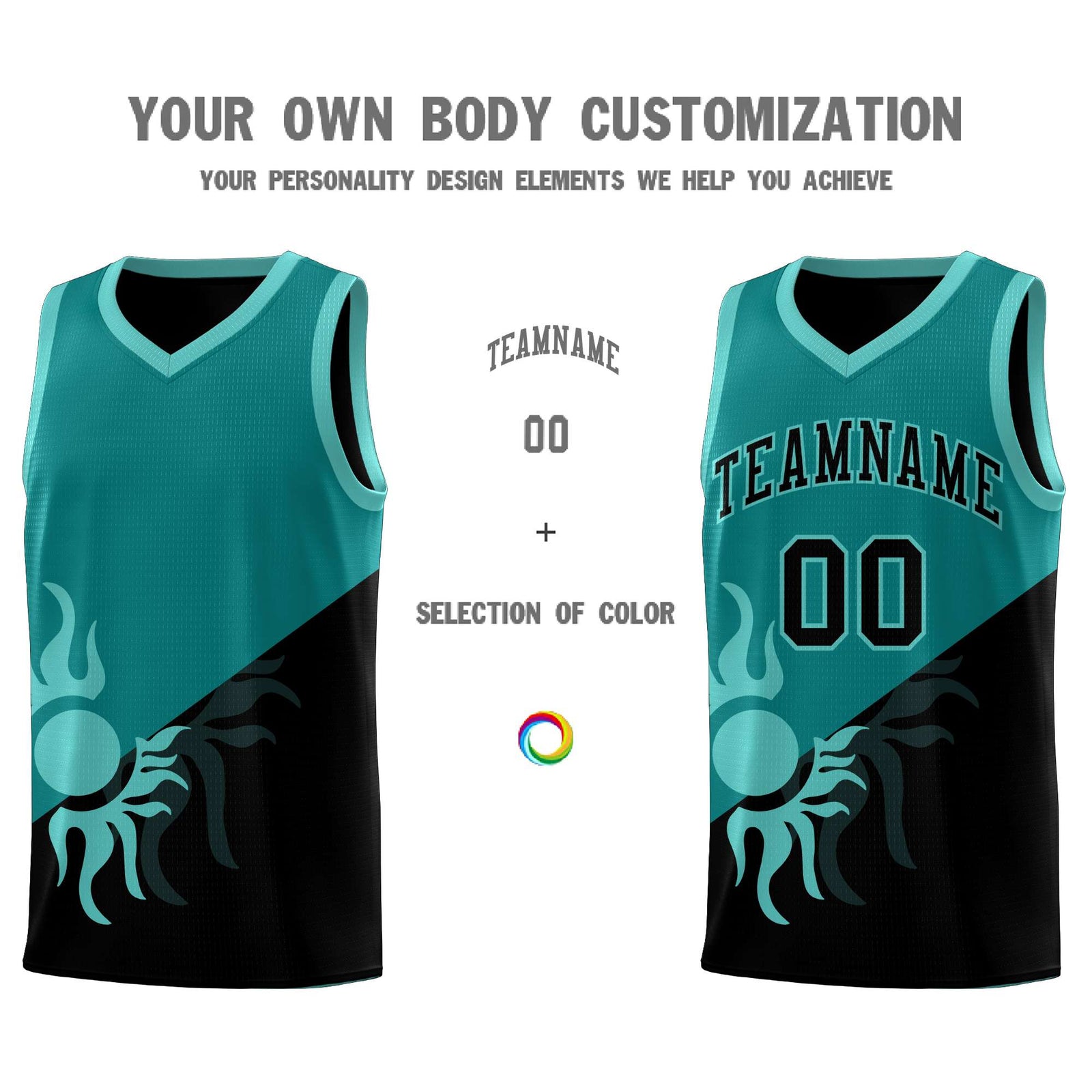 Custom Youth Basketball Jerseys - Teal Black Sunburst Design Two Tone Uniforms