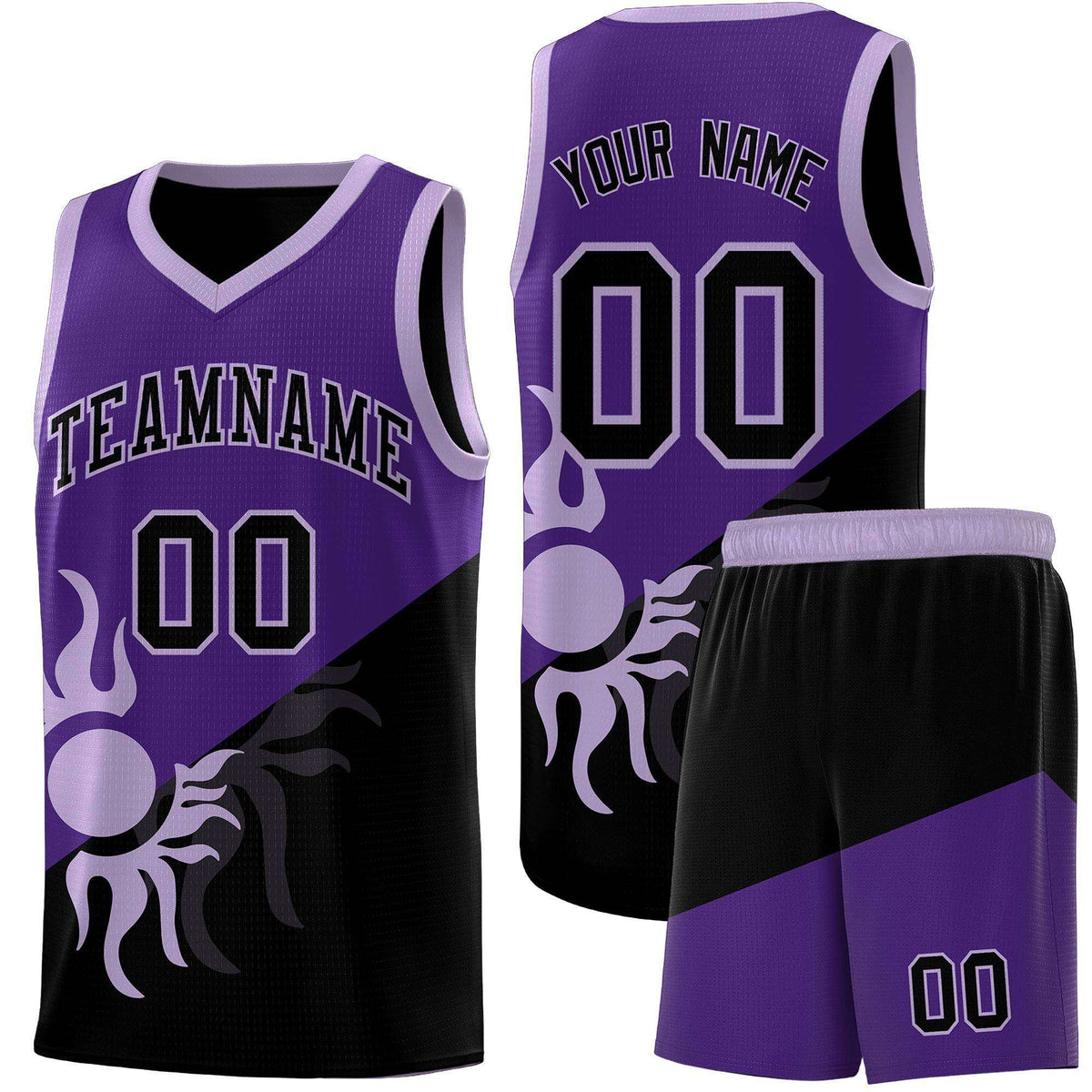 Custom Youth Basketball Jerseys - Purple Black Sunburst Design Two Tone Uniforms
