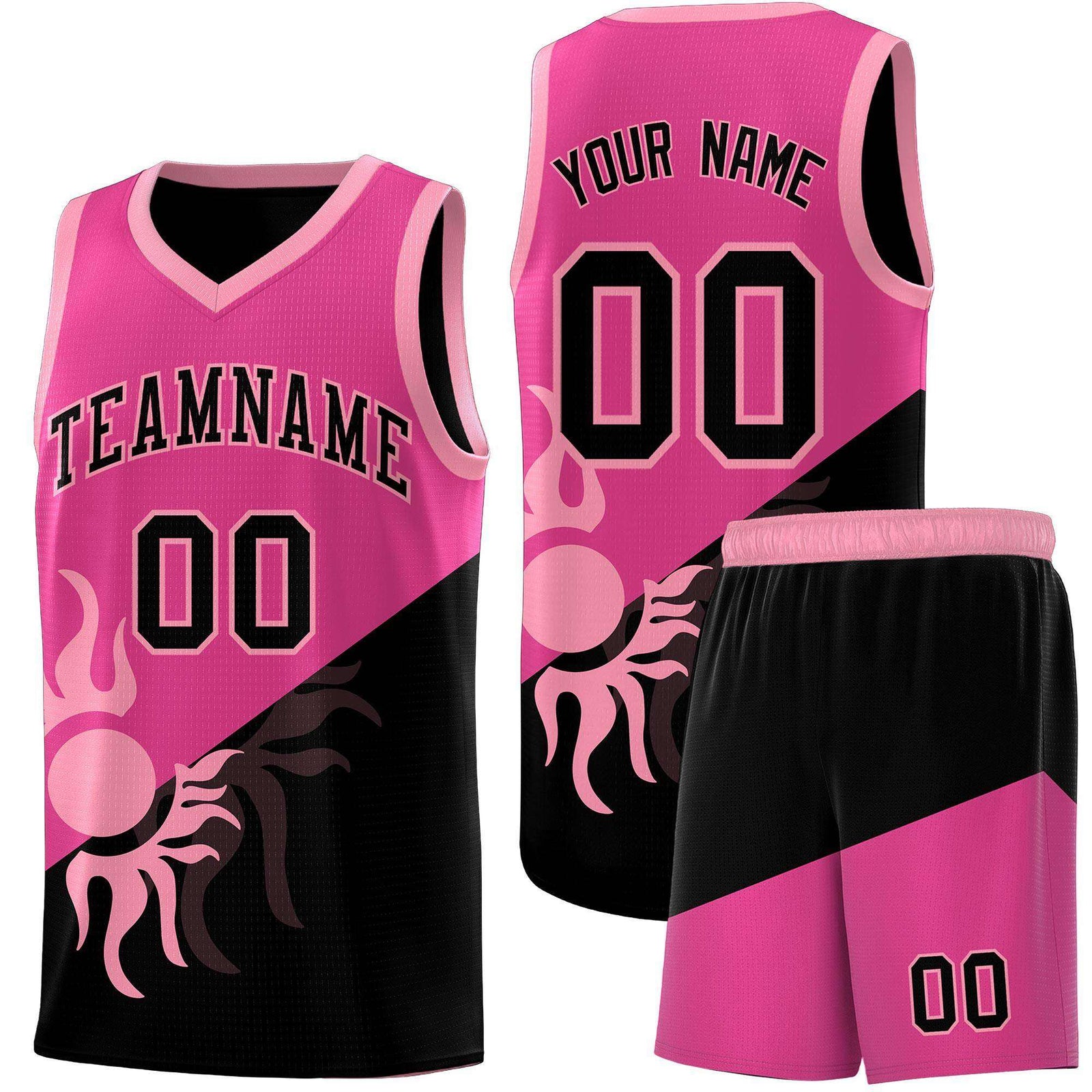 Custom Youth Basketball Jerseys - Rose Red Black Radiant Sun Design Two Tone Uniforms