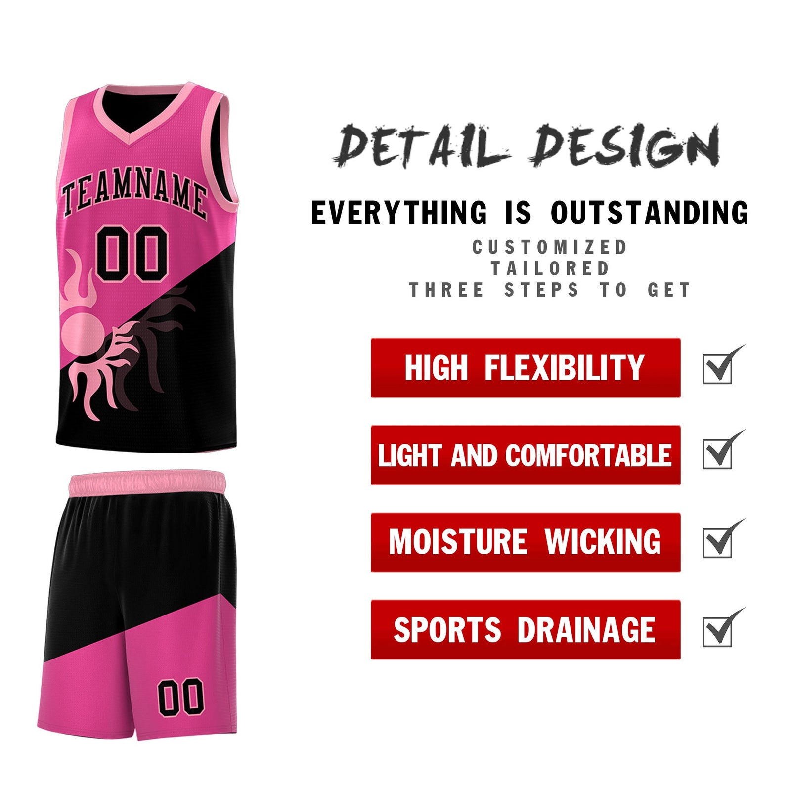 Custom Youth Basketball Jerseys - Rose Red Black Radiant Sun Design Two Tone Uniforms