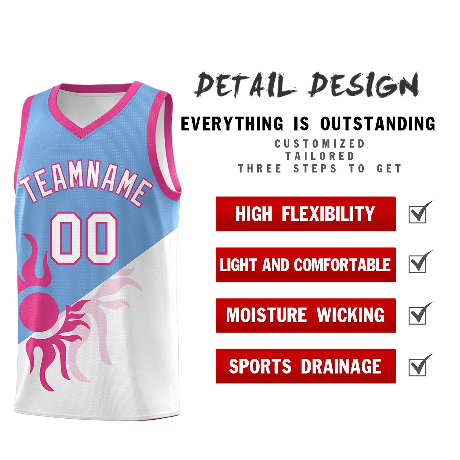 Custom Youth Basketball Jerseys - Powder Blue White Sunburst Design Two Tone Uniforms