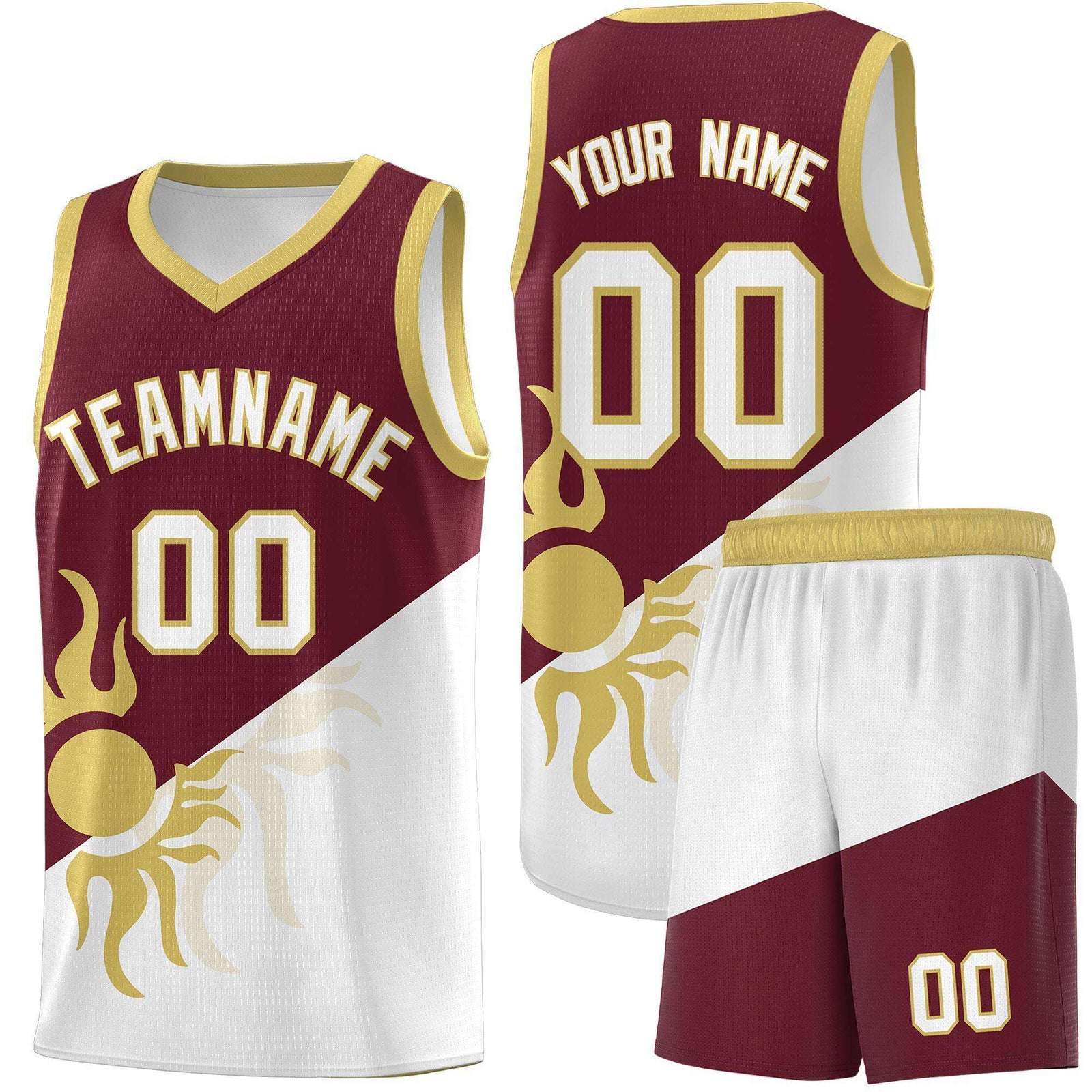 Custom Youth Basketball Jerseys - Burgundy White Sunburst Design Two Tone Uniforms