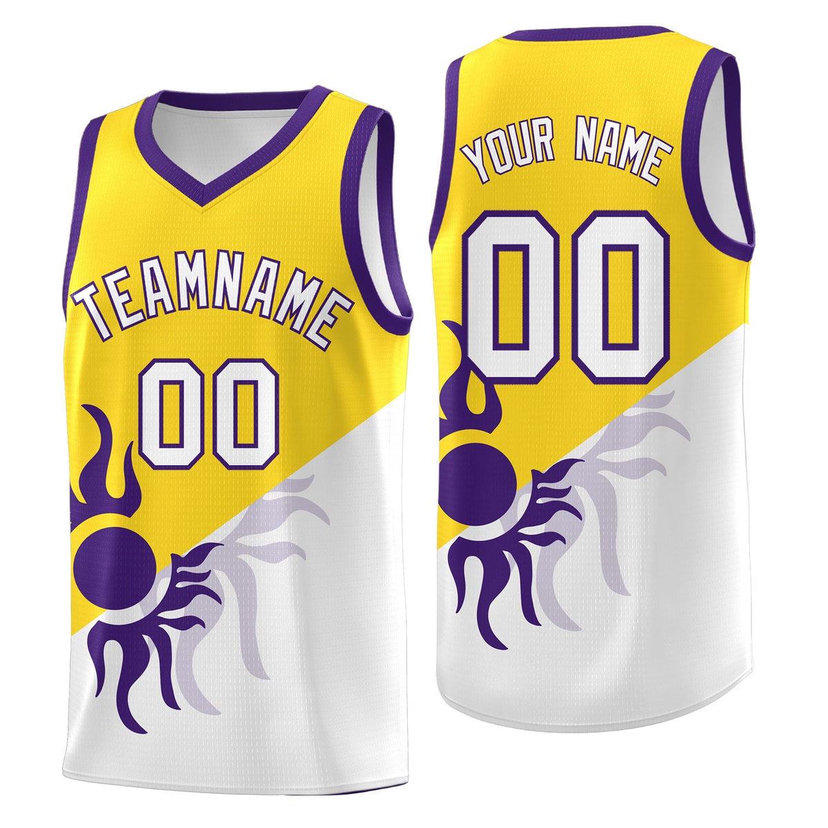 Custom Youth Basketball Jerseys - Gold White Radiant Sun Design Two Tone Uniforms