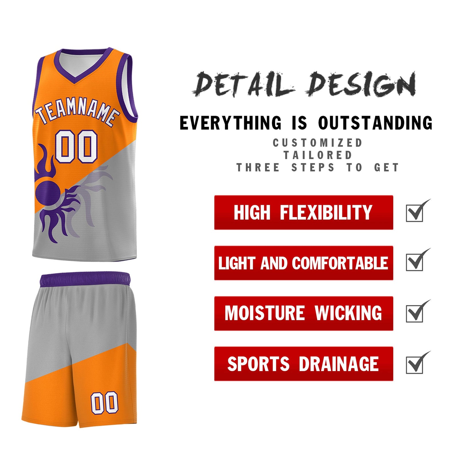 Custom Youth Basketball Jerseys - Orange Gray Sunburst Design Two Tone Uniforms