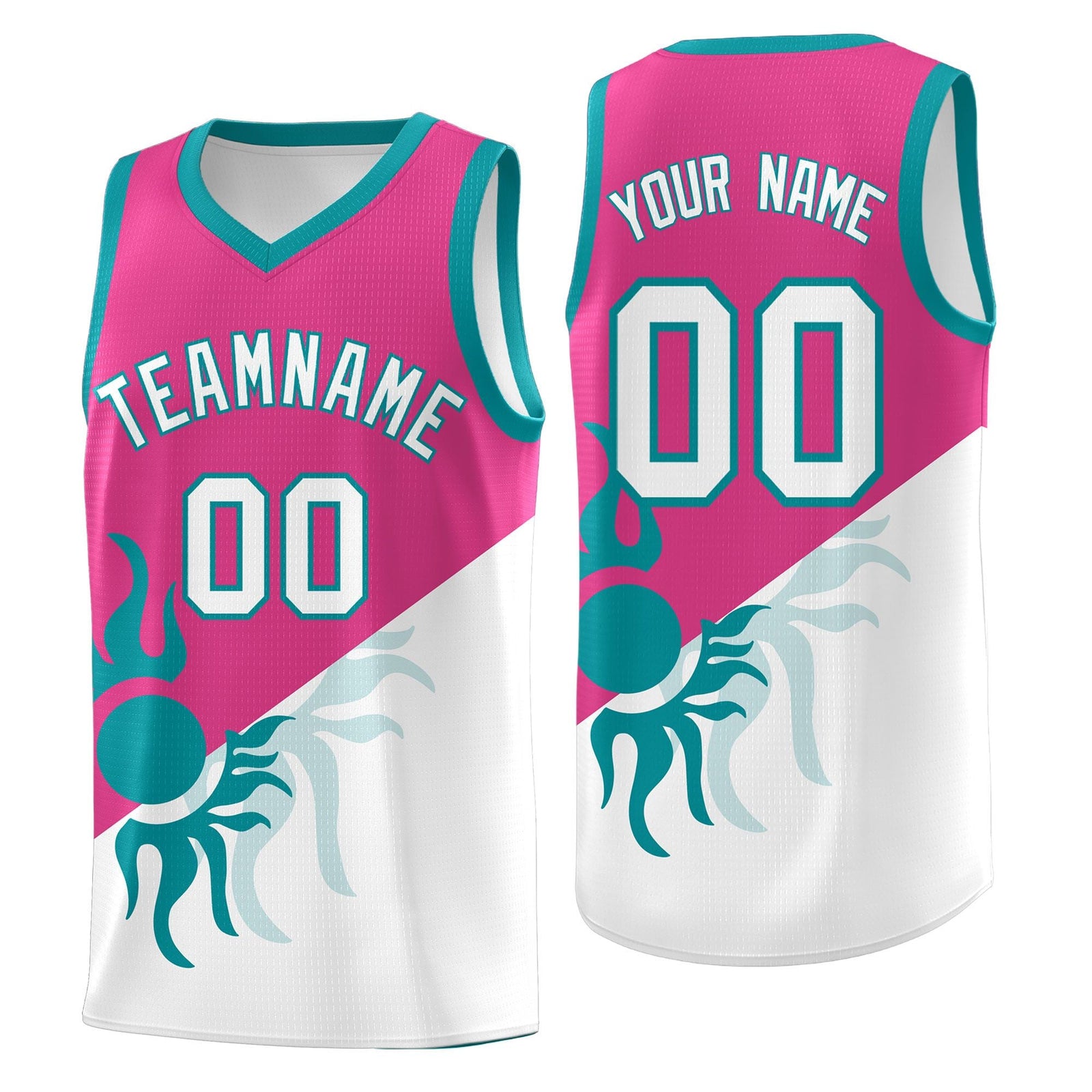 Custom Youth Basketball Jerseys - Rose Red White Radiant Sun Design Two Tone Uniforms