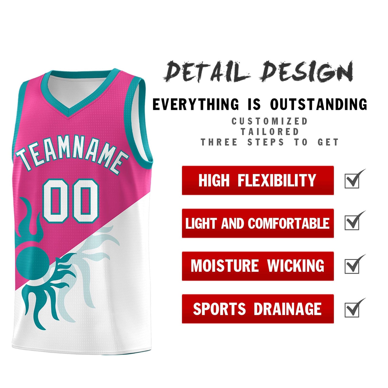 Custom Youth Basketball Jerseys - Rose Red White Radiant Sun Design Two Tone Uniforms