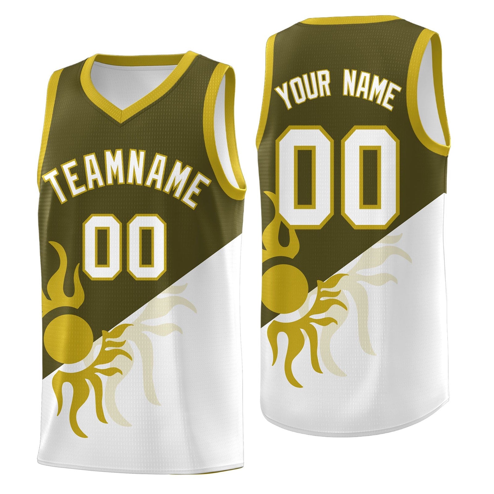 Custom Youth Basketball Jerseys - Olive White Sunburst Design Two Tone Uniforms