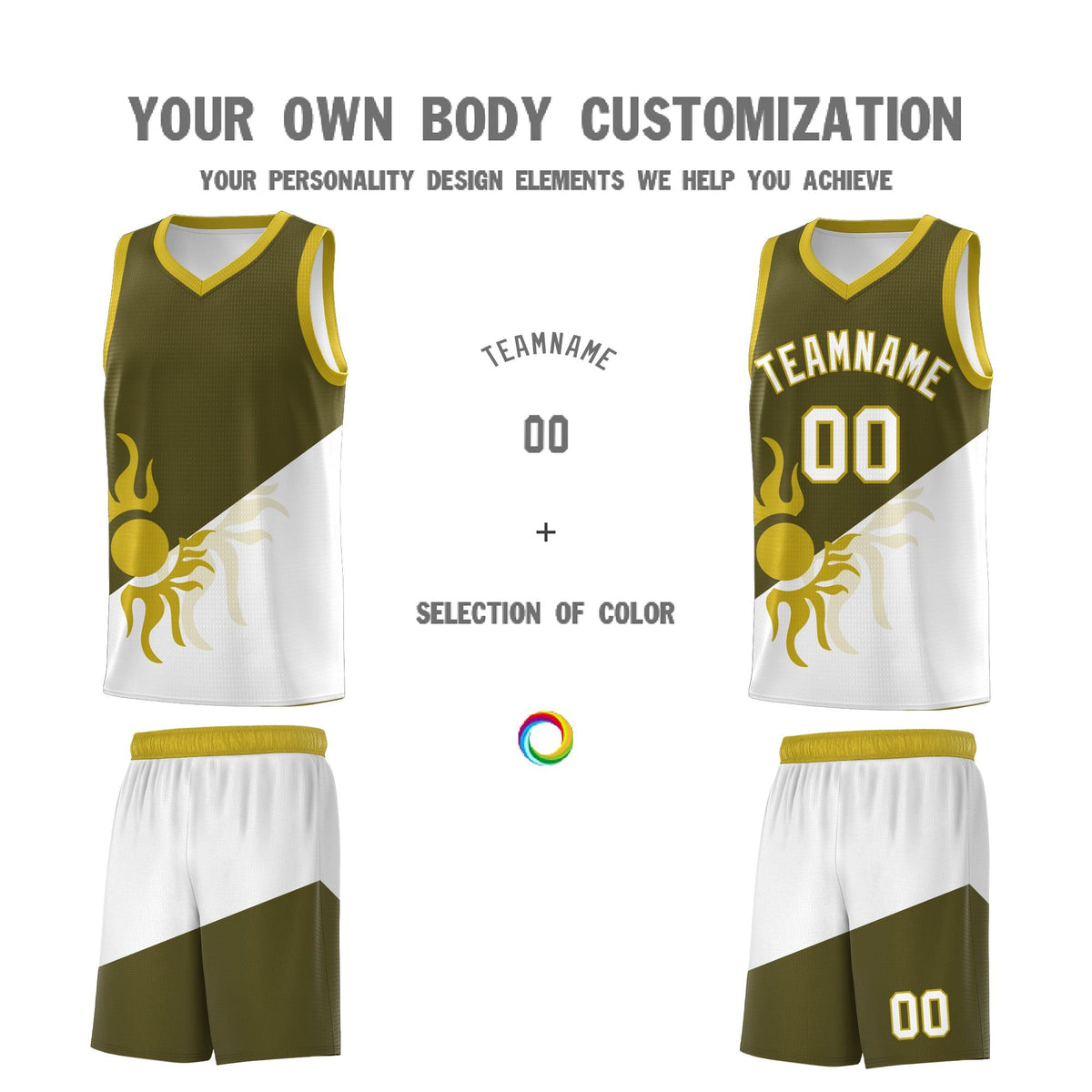 Custom Youth Basketball Jerseys - Olive White Sunburst Design Two Tone Uniforms