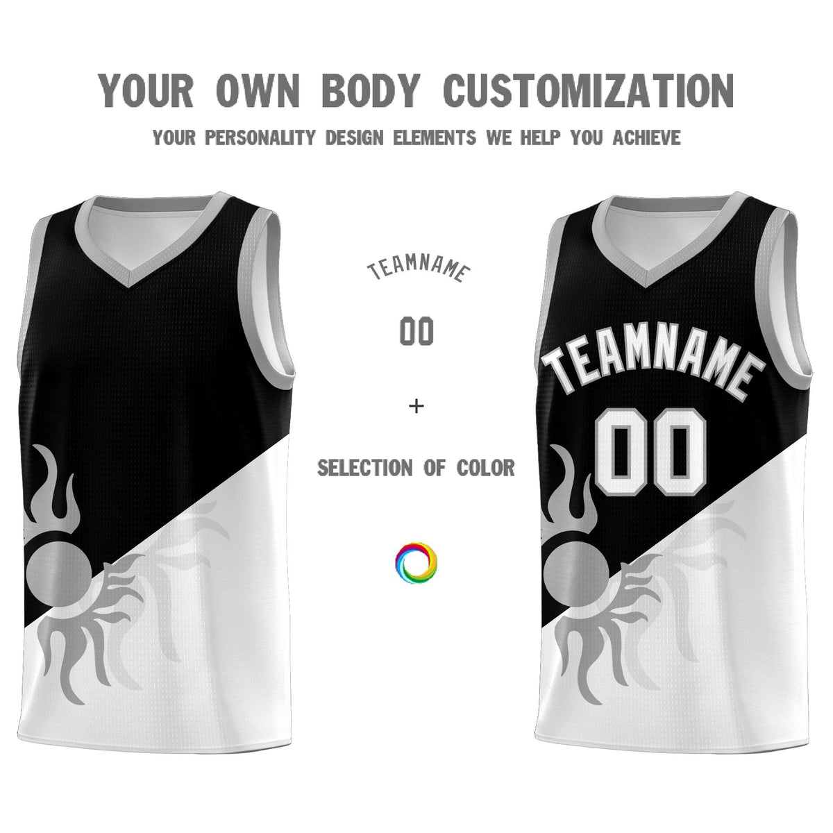 Custom Youth Basketball Jerseys - Black White Radiant Sun Design Two Tone Uniforms