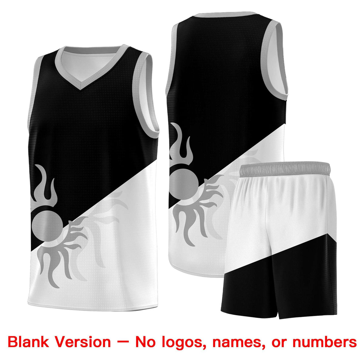 Custom Youth Basketball Jerseys - Black White Radiant Sun Design Two Tone Uniforms