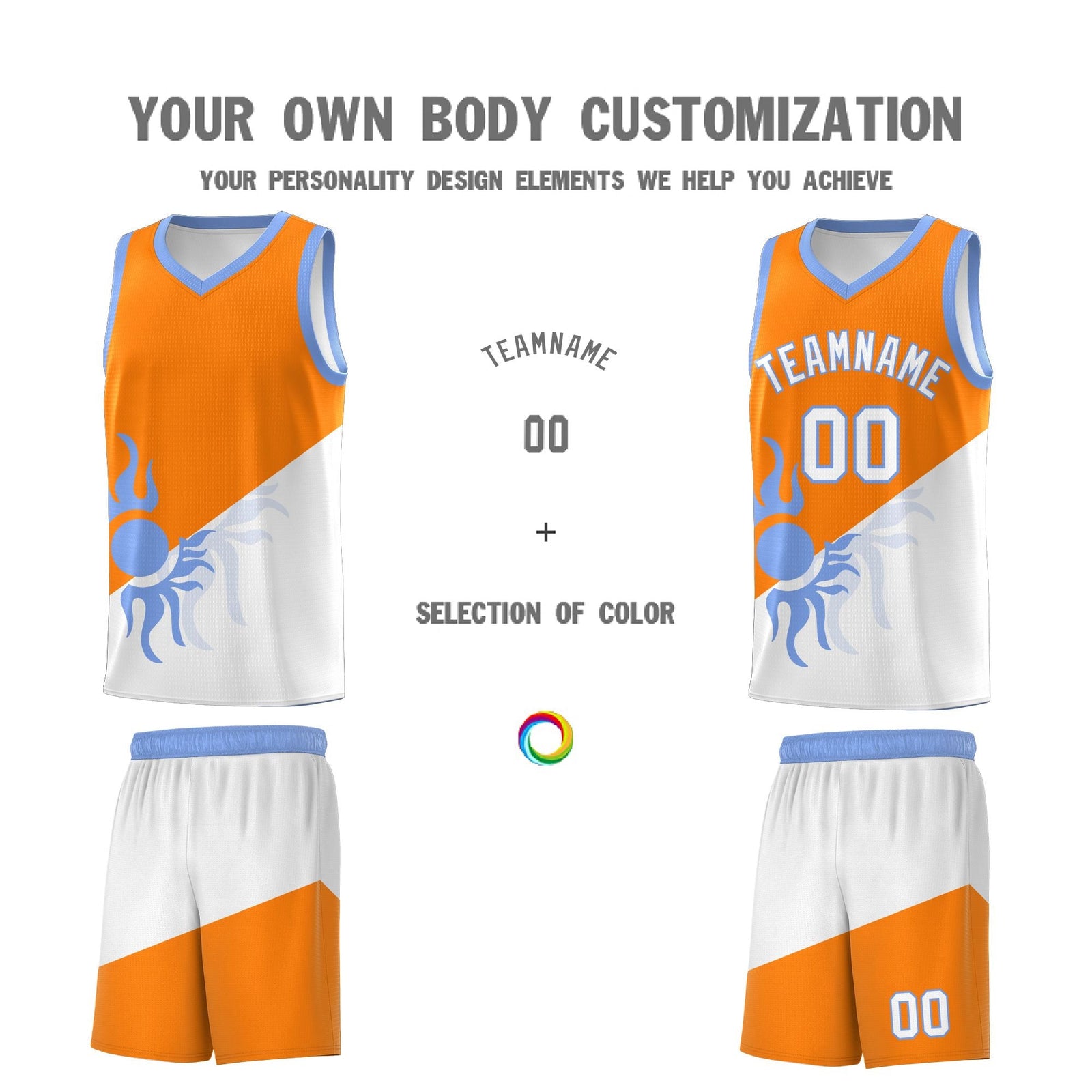 Custom Youth Basketball Jerseys - Orange White Radiant Sun Design Two Tone Uniforms