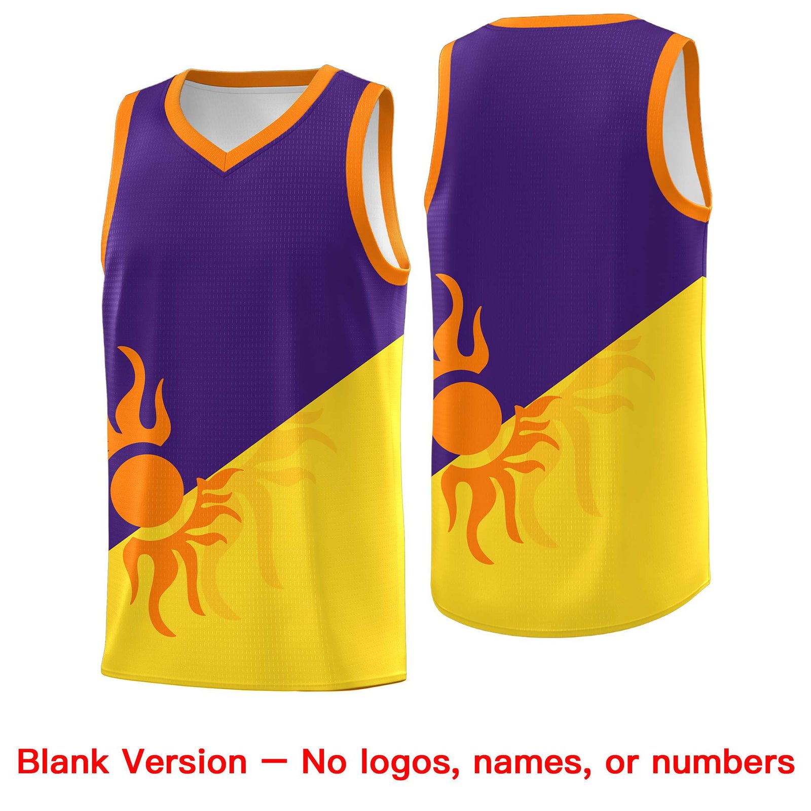Custom Youth Basketball Jerseys - Purple Gold Radiant Sun Design Two Tone Uniforms